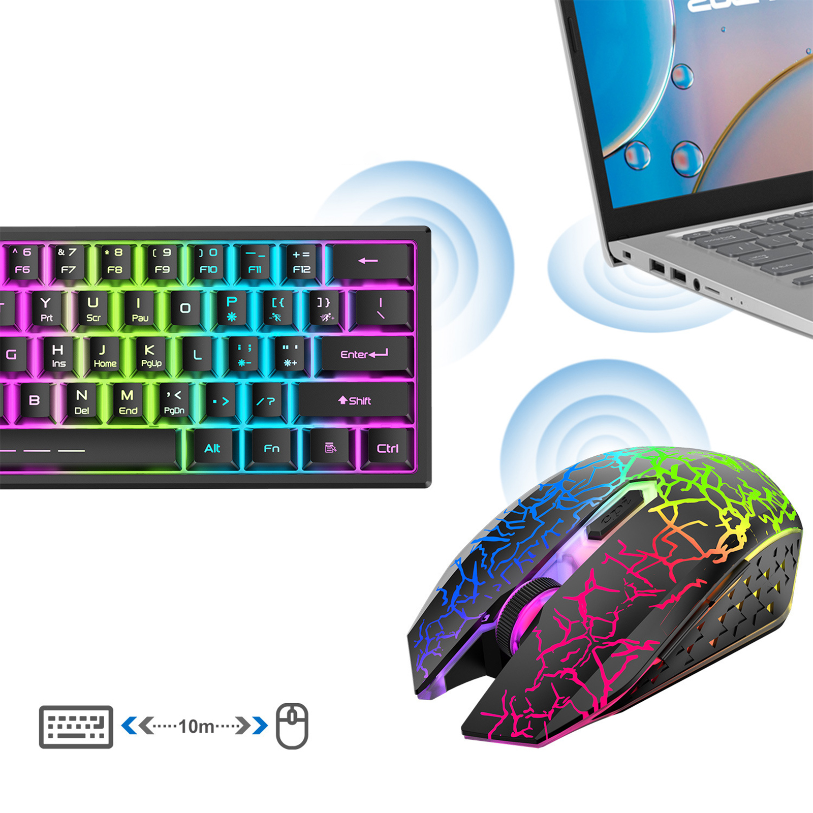 Kabellose Tastatur und Maus mit farbenfroh beleuchteter Tastatur und Maus. Laptop im Hintergrund.