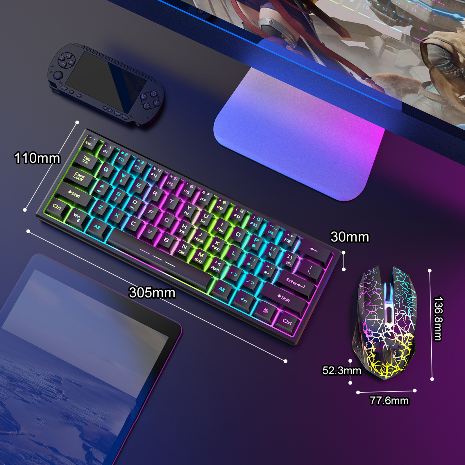 Ein Gaming-Setup mit Tastatur, Maus, Tablet und Monitor. Tastatur und Maus haben RGB-Beleuchtung.