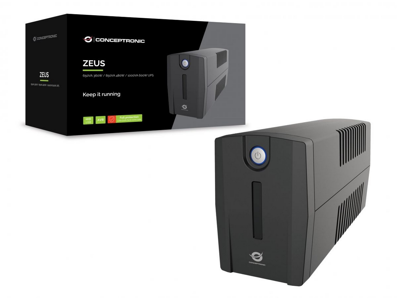 Gruppo di continuità Conceptronic Zeus nero, scatola e unità.