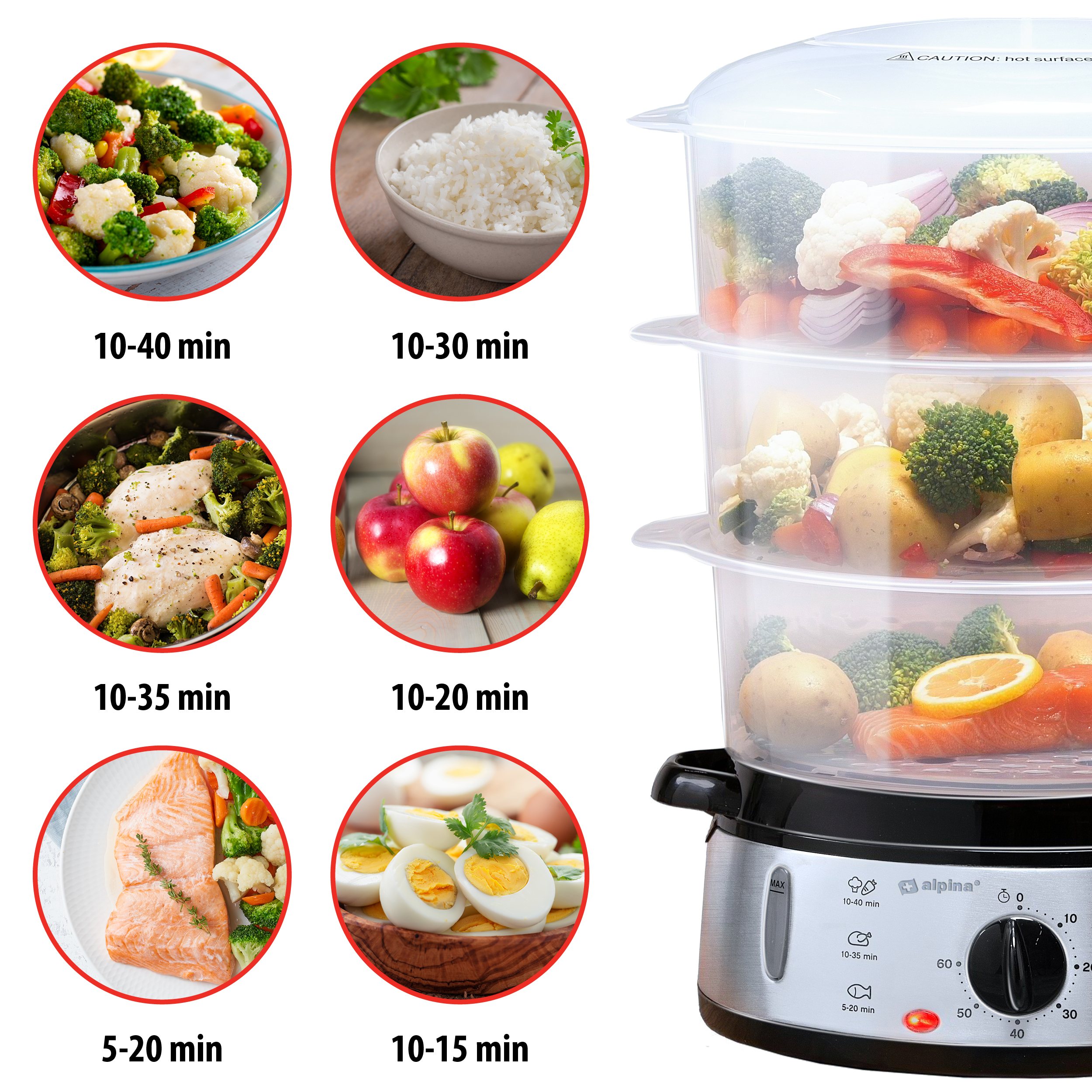 Dampfgarer mit verschiedenen Lebensmitteln und Garzeiten.
