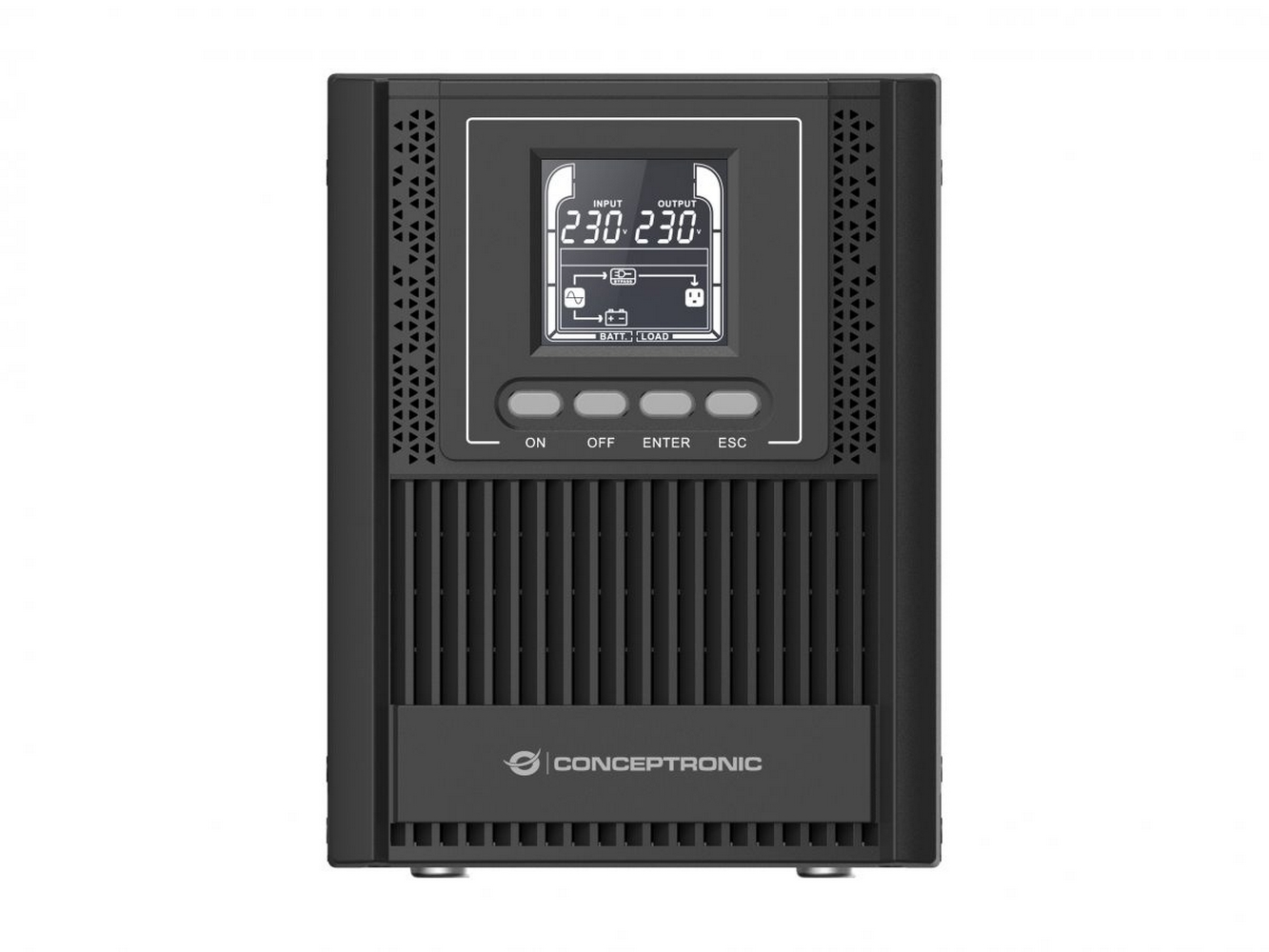 Schwarze USV mit digitalem Display, das Eingangs-/Ausgangsspannung und Steuertasten zeigt.