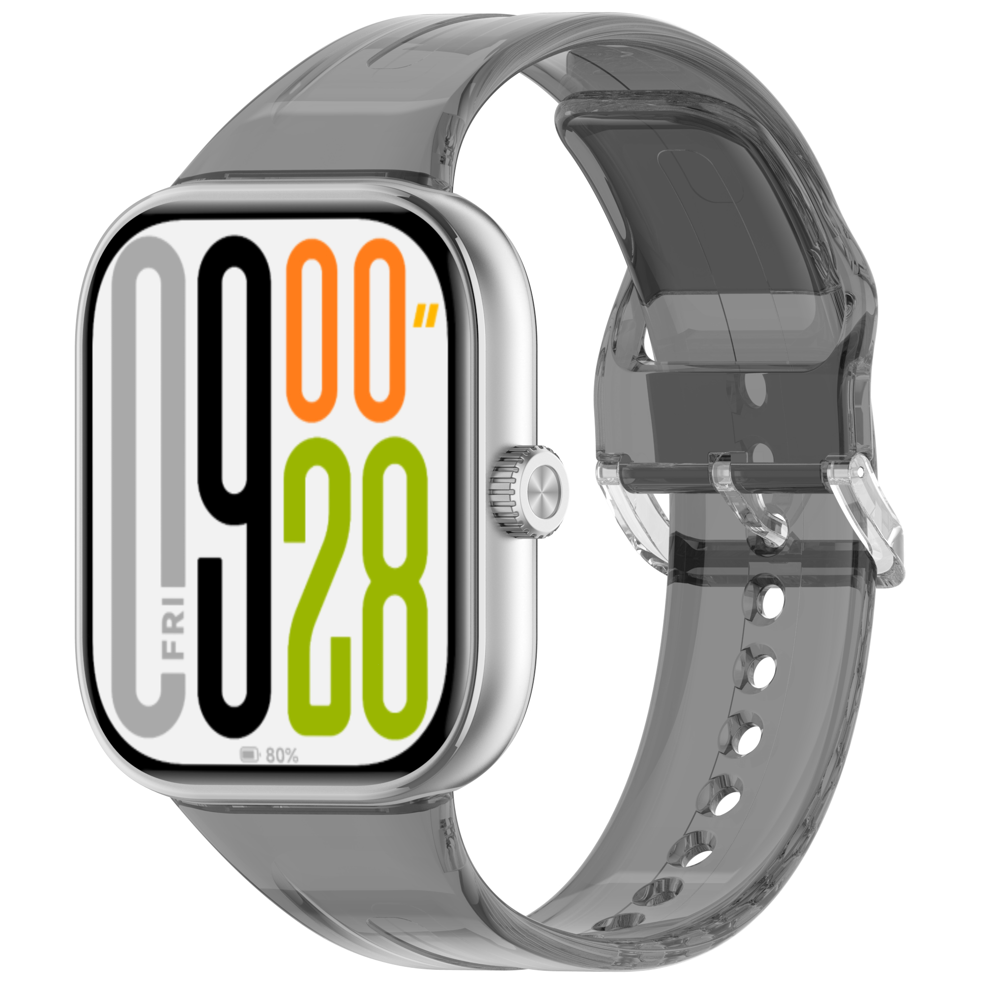 Smartwatch mit silbernem Gehäuse und grauem Armband. Der Bildschirm zeigt Zeit und Datum an.