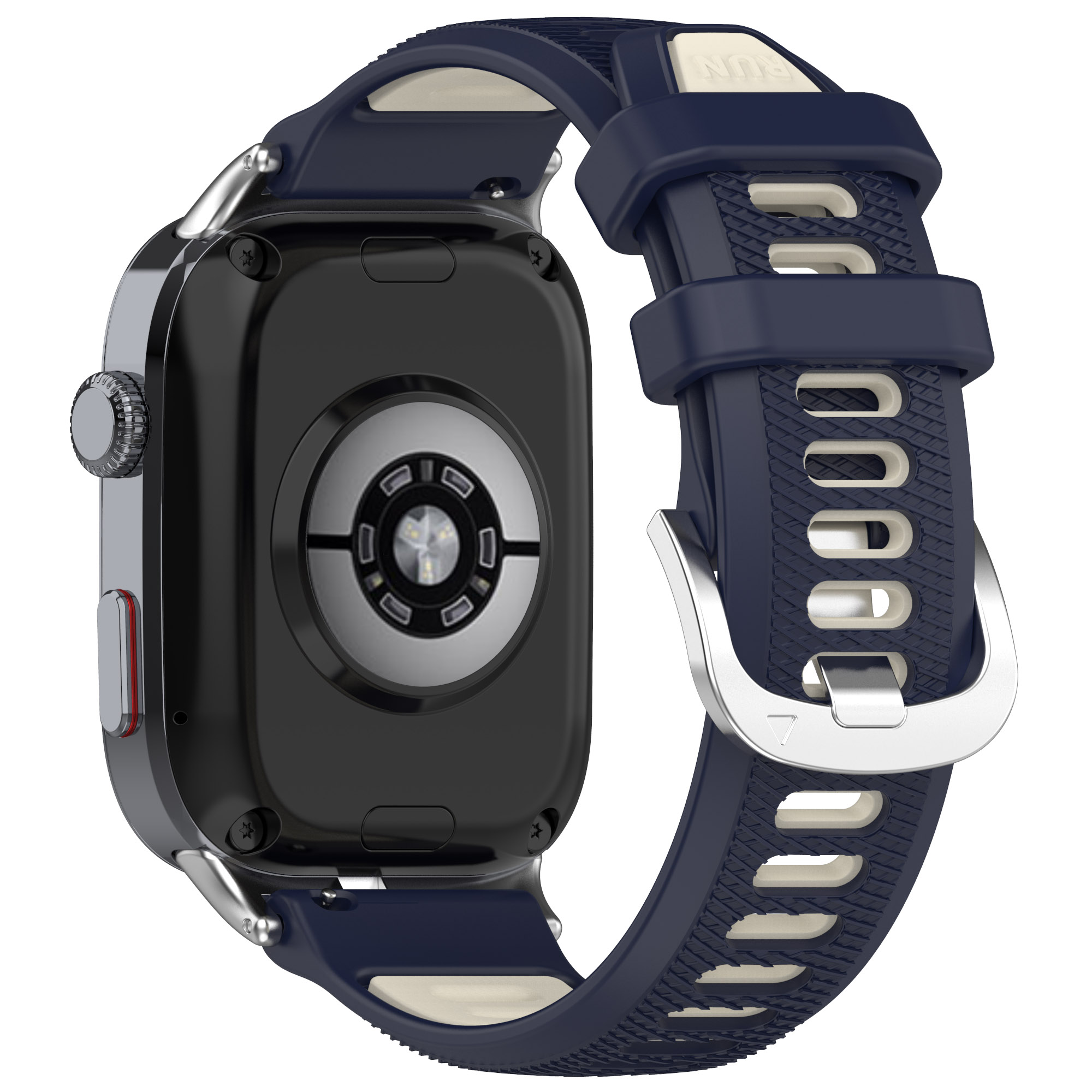 Retro dell'orologio con cinturino blu scuro. Bottoni in metallo e un anello argentato.