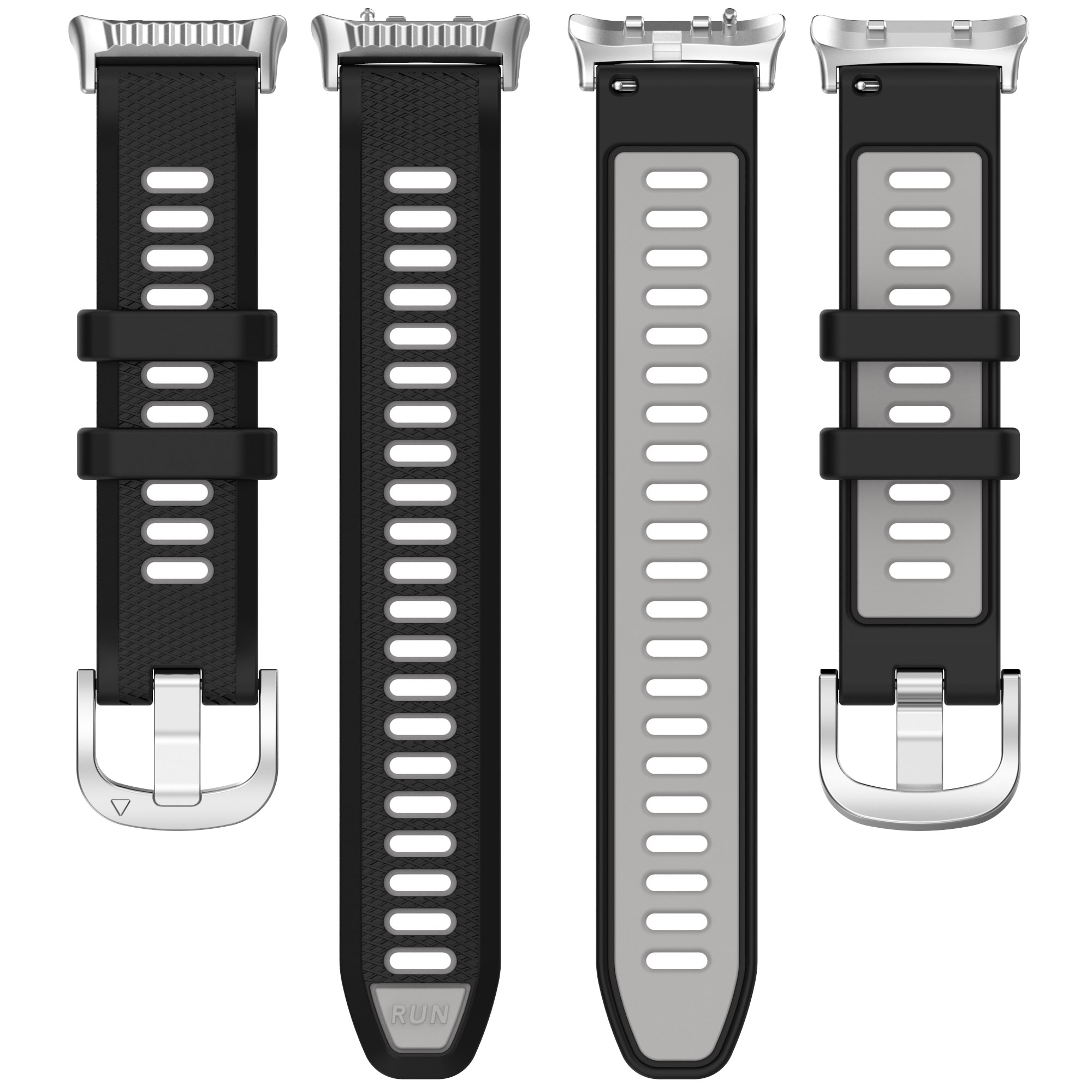 Zwei Paare schwarzer und grauer Uhrenarmbänder mit silbernen Schnallen.