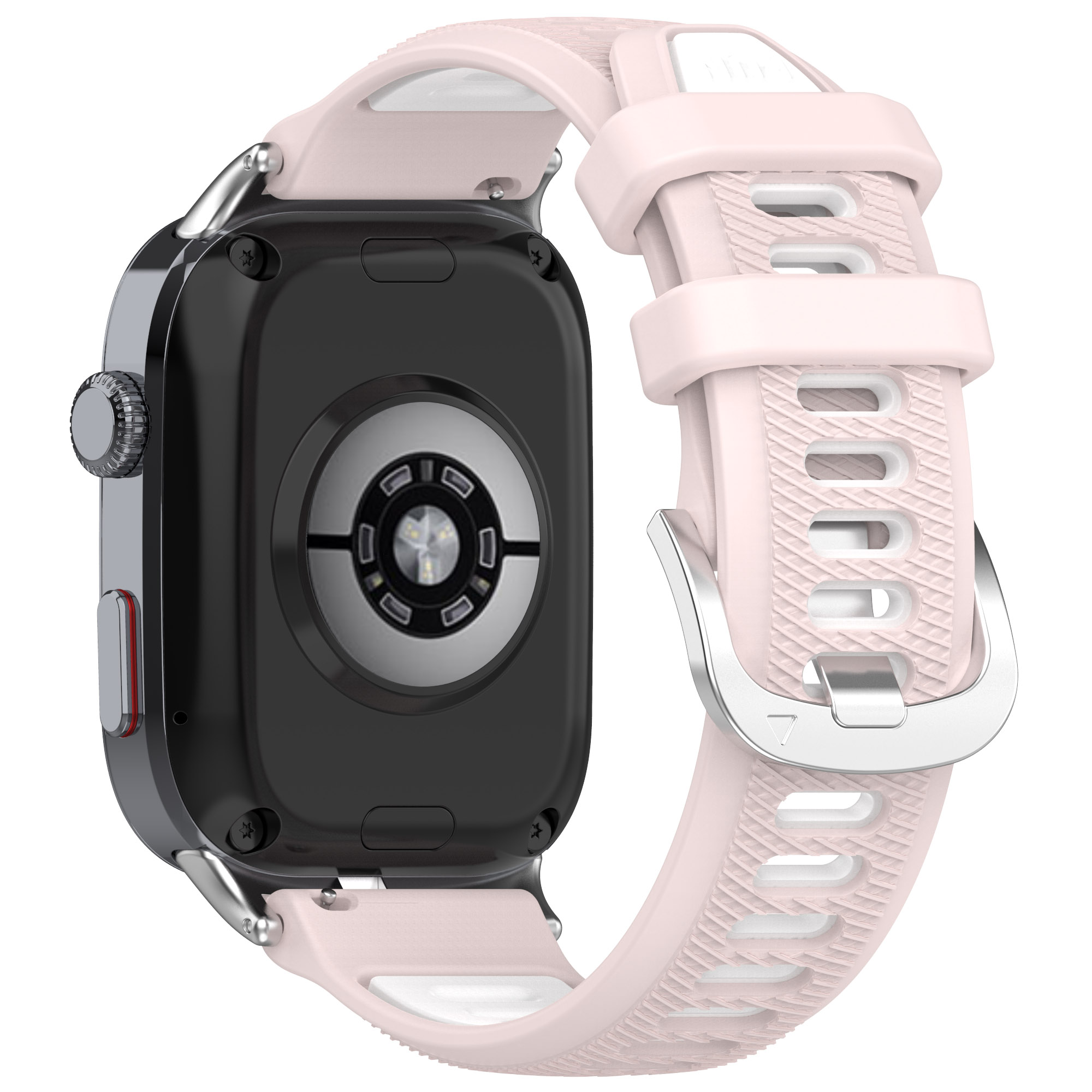 Smartwatch con cinturino rosa. Il retro dell'orologio è visibile, con schermo nero e sensori.