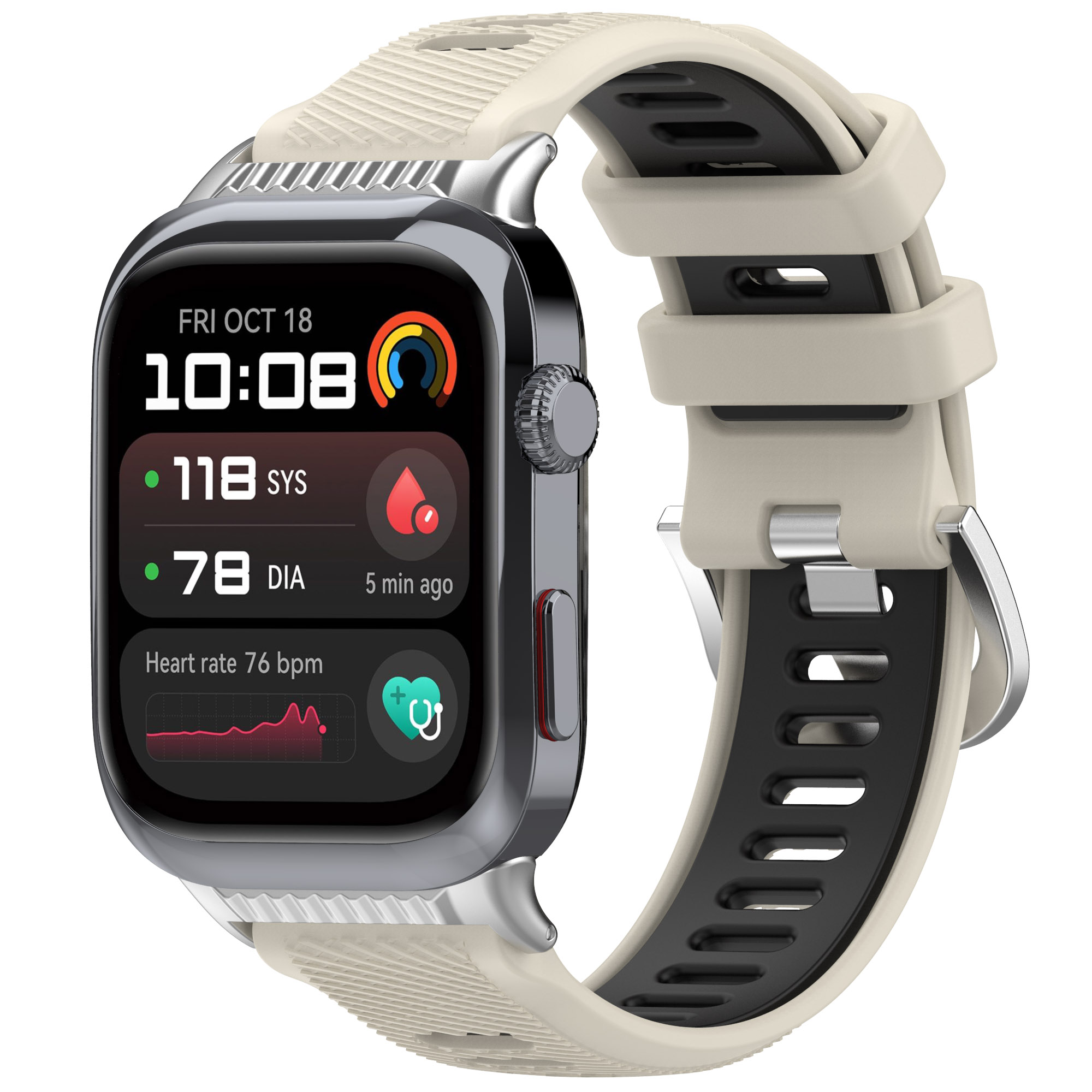 Smartwatch con cinturino color crema, schermo nero con ora e dati sanitari. Cornice argentata.