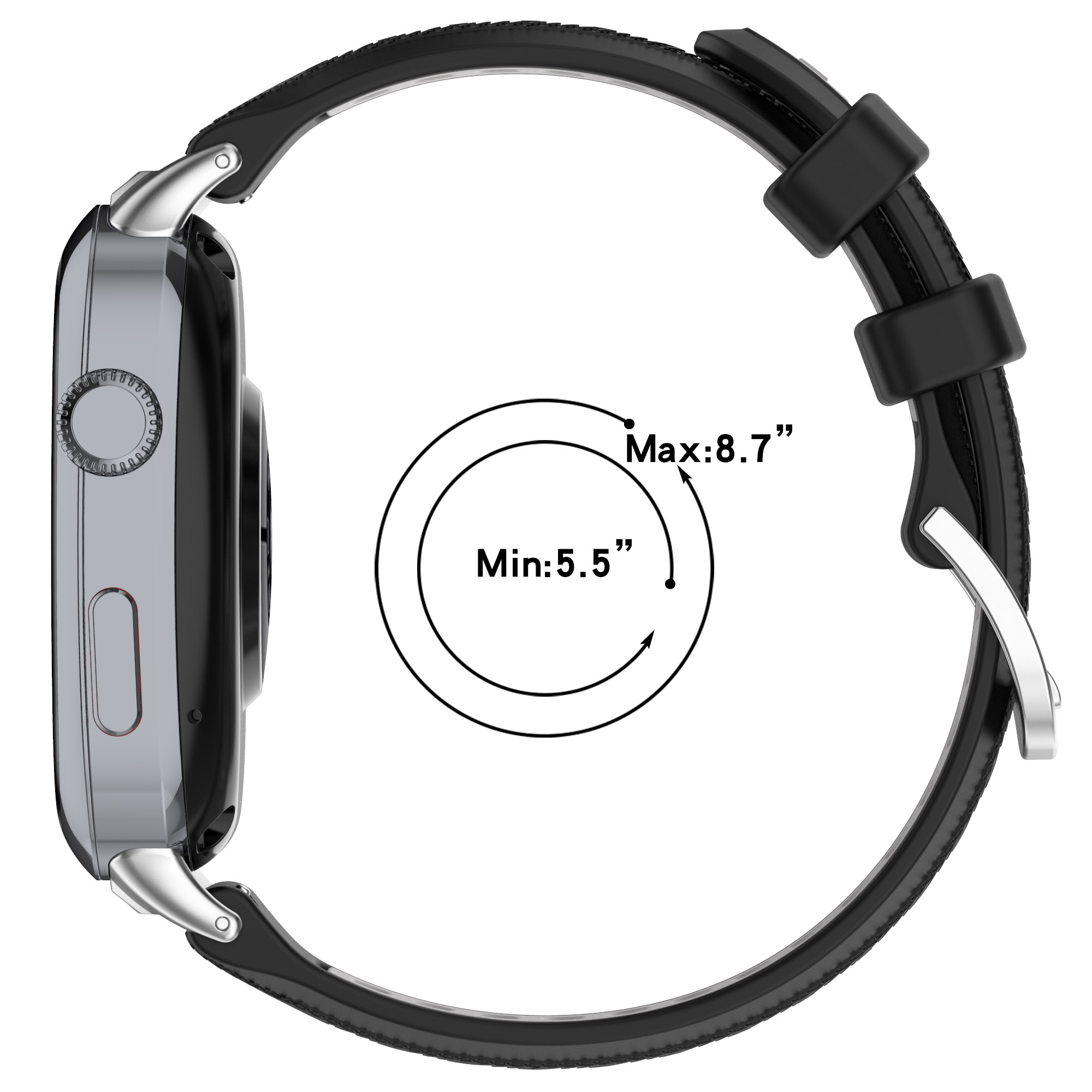 Seitenansicht einer Smartwatch, schwarzes Armband, Messungen anzeigend. Die Uhr befindet sich am Handgelenk.