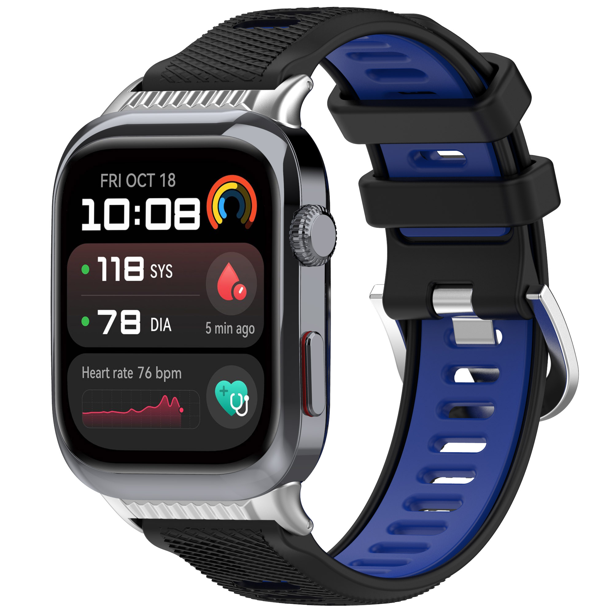 Smartwatch mostra dati, cinturino nero e blu, cassa argentata, primo piano.