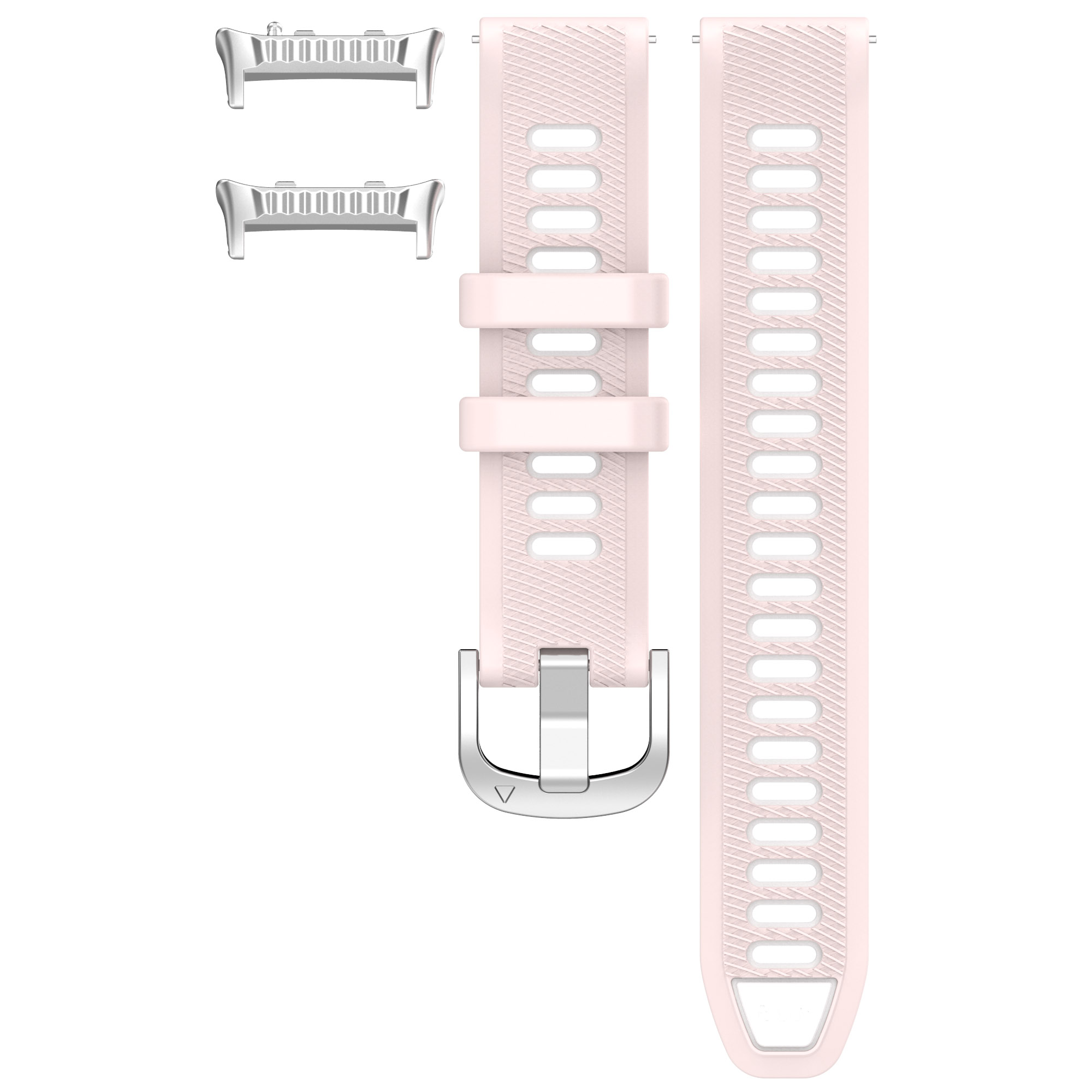 Cinturini per smartwatch rosa chiaro con fibbie e connettori argentati. Un cinturino è completamente collegato, l'altro è staccato.