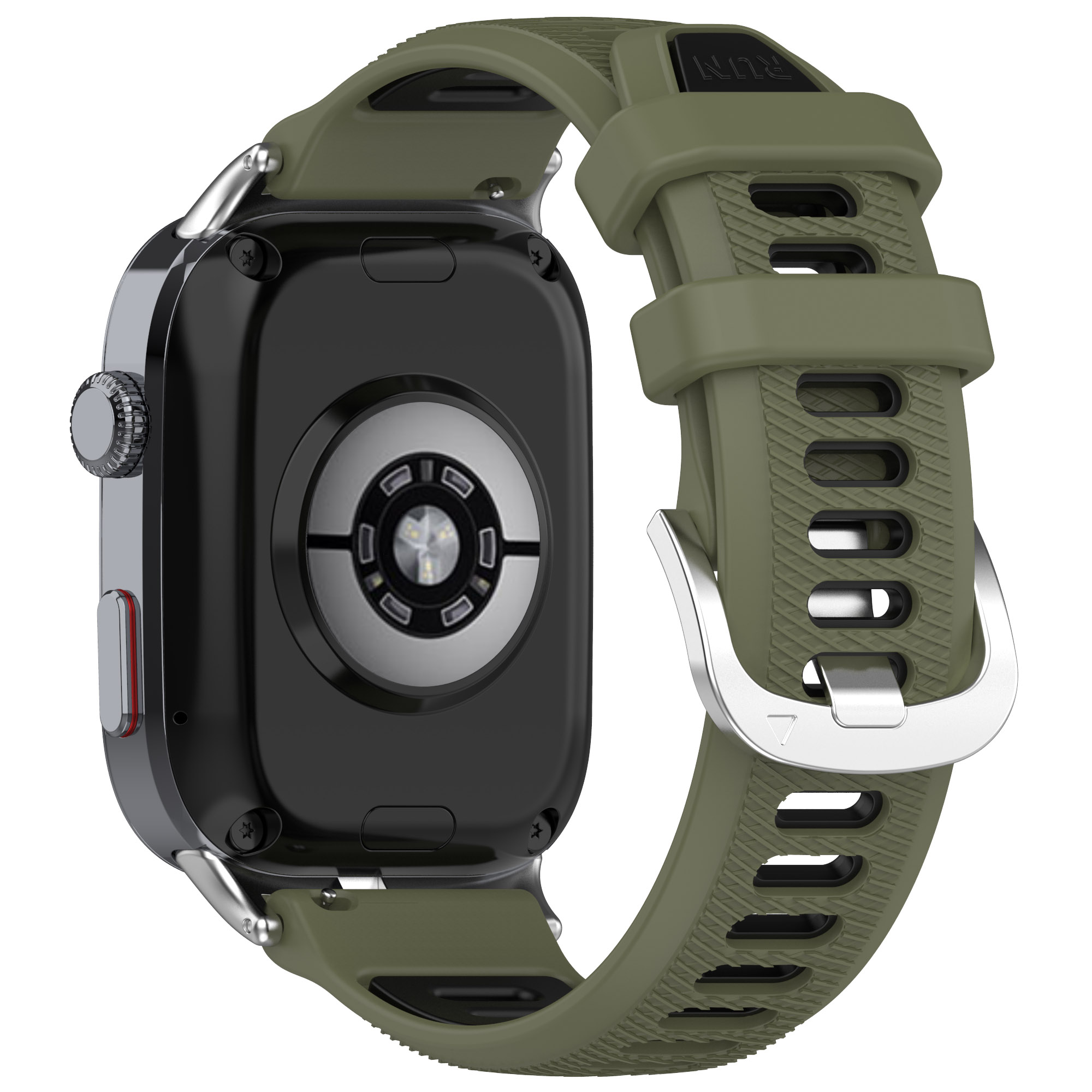 Smartwatch mit grünem Armband, Rückseite. Silberner Rahmen mit schwarzem Bildschirm.