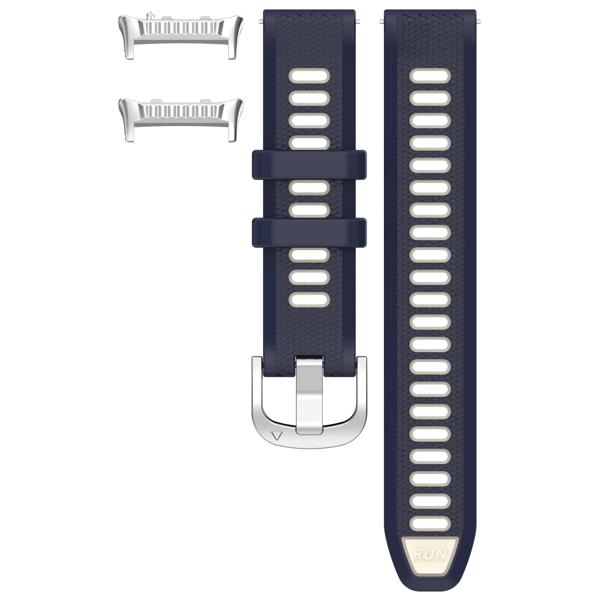 Un cinturino blu navy con attacchi e fibbia argentati, per uno smartwatch.