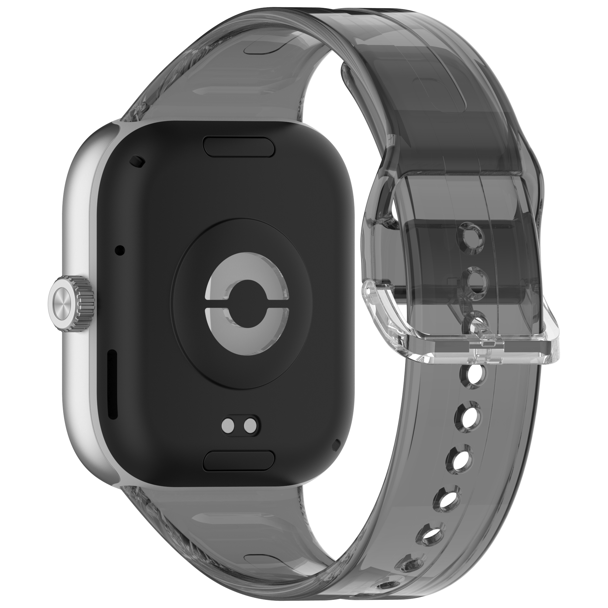 Rückansicht einer silbernen Smartwatch mit transparentem Armband.