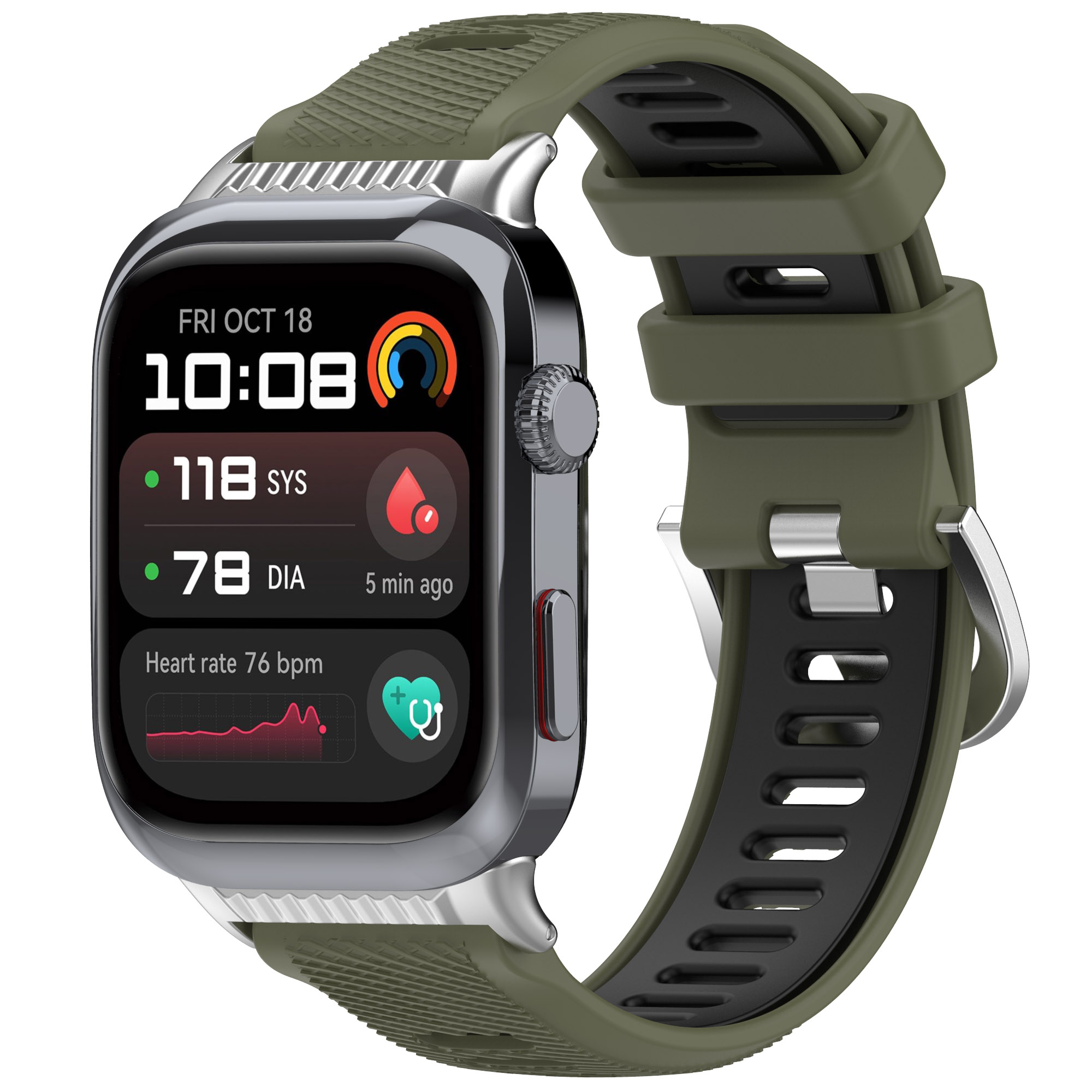 Eine Smartwatch mit Uhrzeit, Herzfrequenz und Gesundheitsmetriken mit grünem Band.