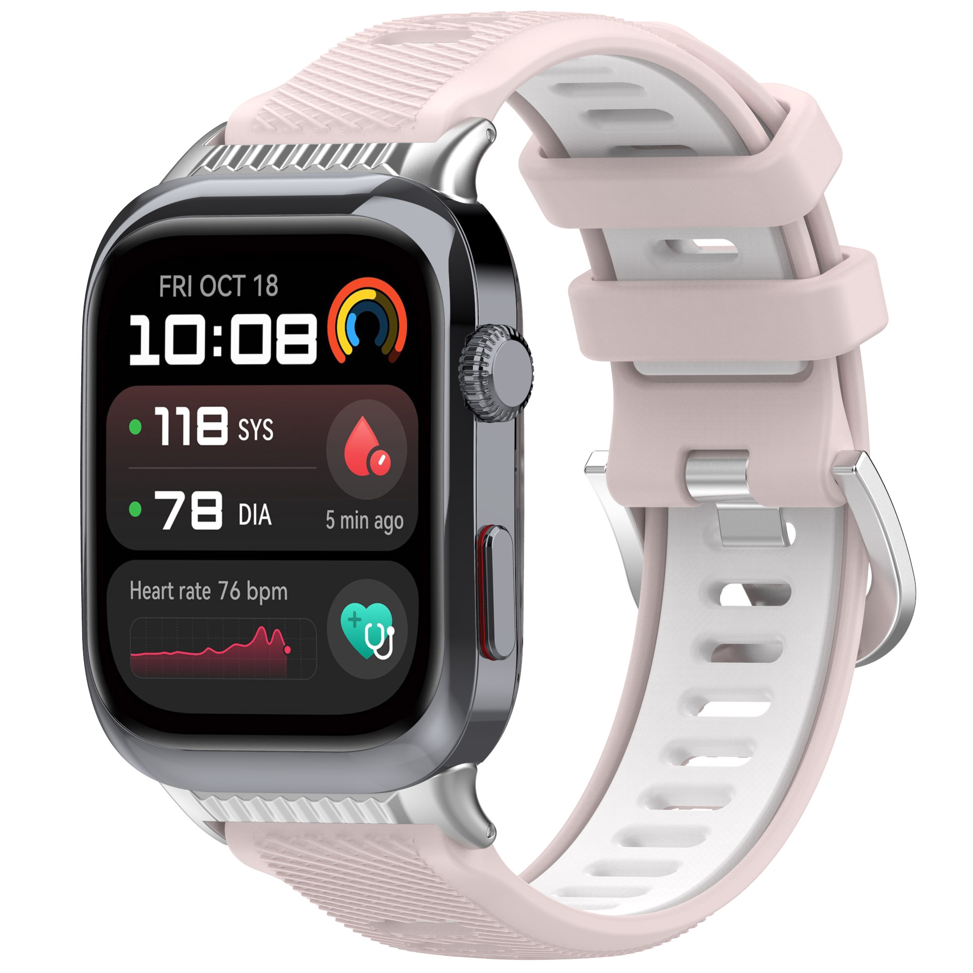Smartwatch con cinturino rosa, che mostra ora, frequenza cardiaca e altre metriche di salute.