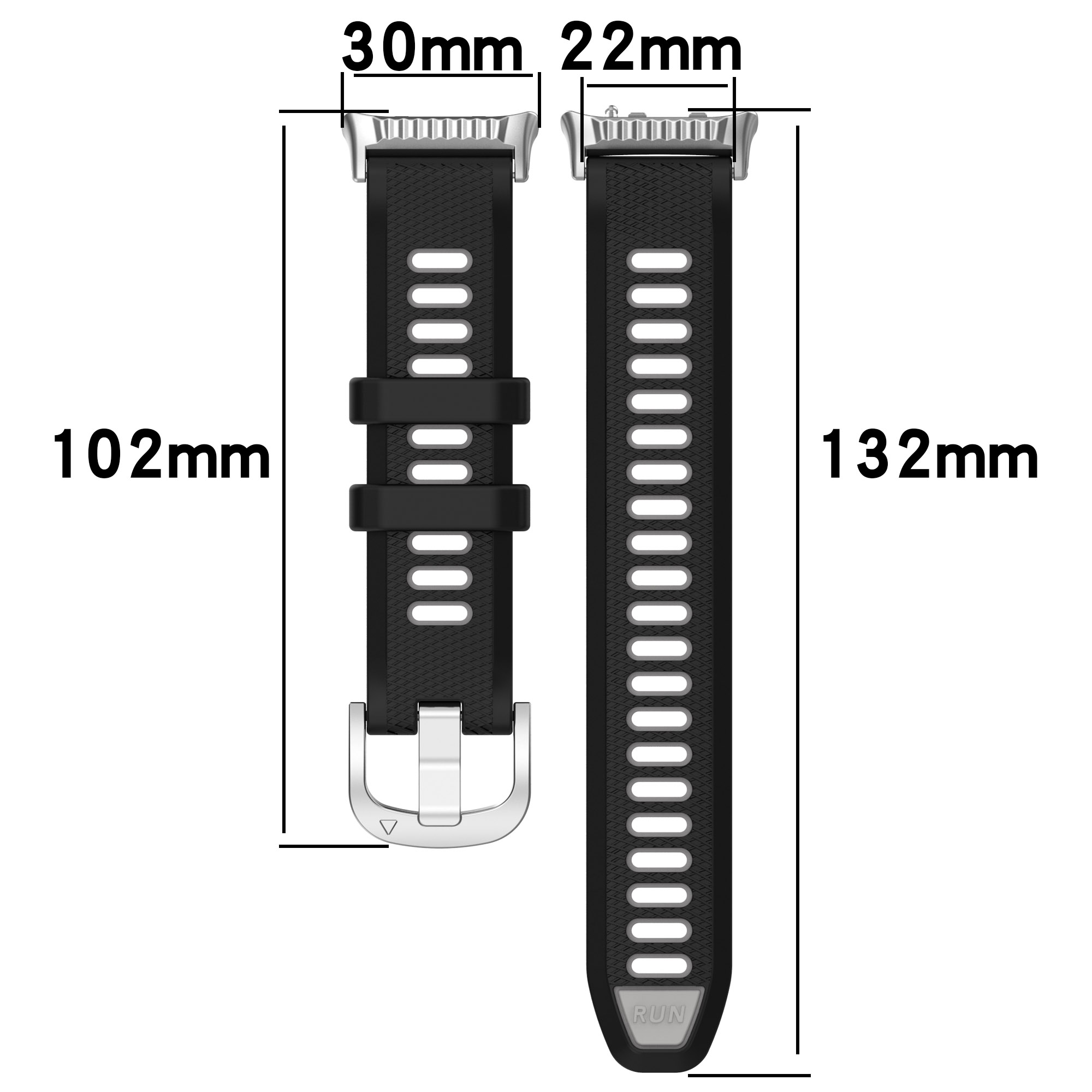 Zwei schwarze Uhrenarmbänder, mit Abmessungen und Markierungen.
