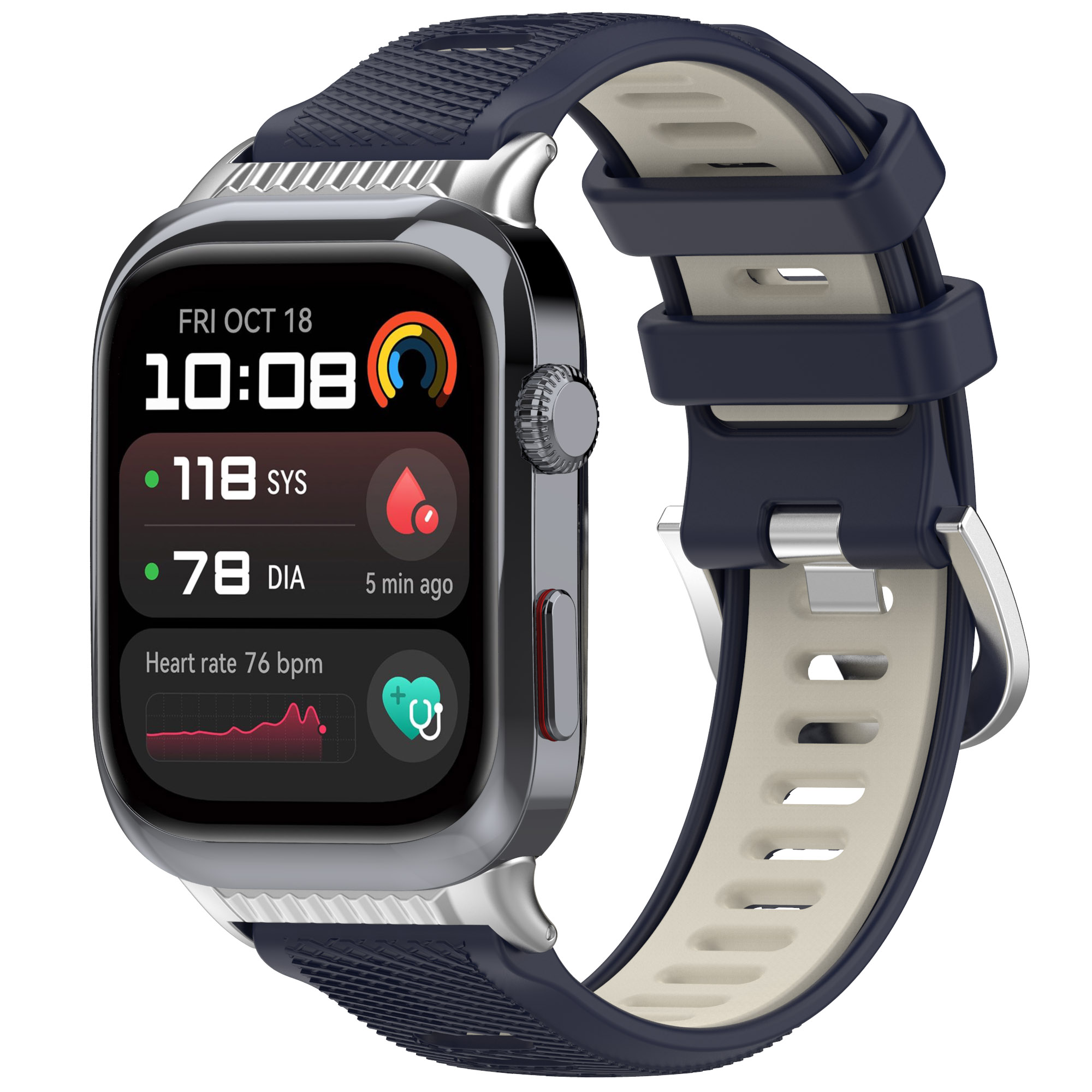Smartwatch con cinturino blu scuro che mostra ora, frequenza cardiaca e altri dati sanitari su schermo.