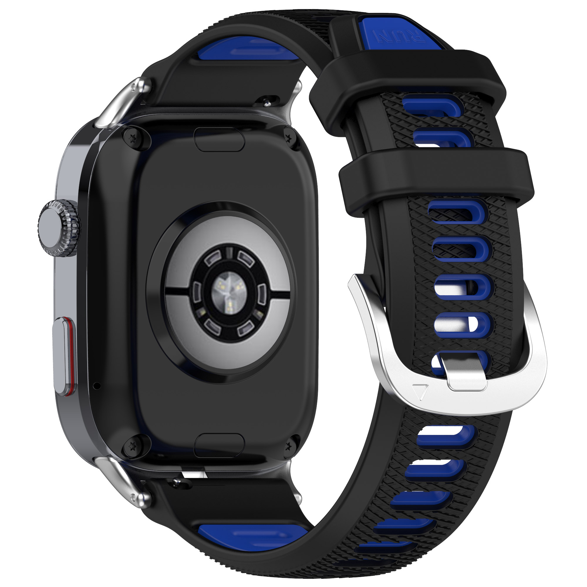 Uno smartwatch argentato con cinturino nero e blu, con retro nero e dettagli blu.