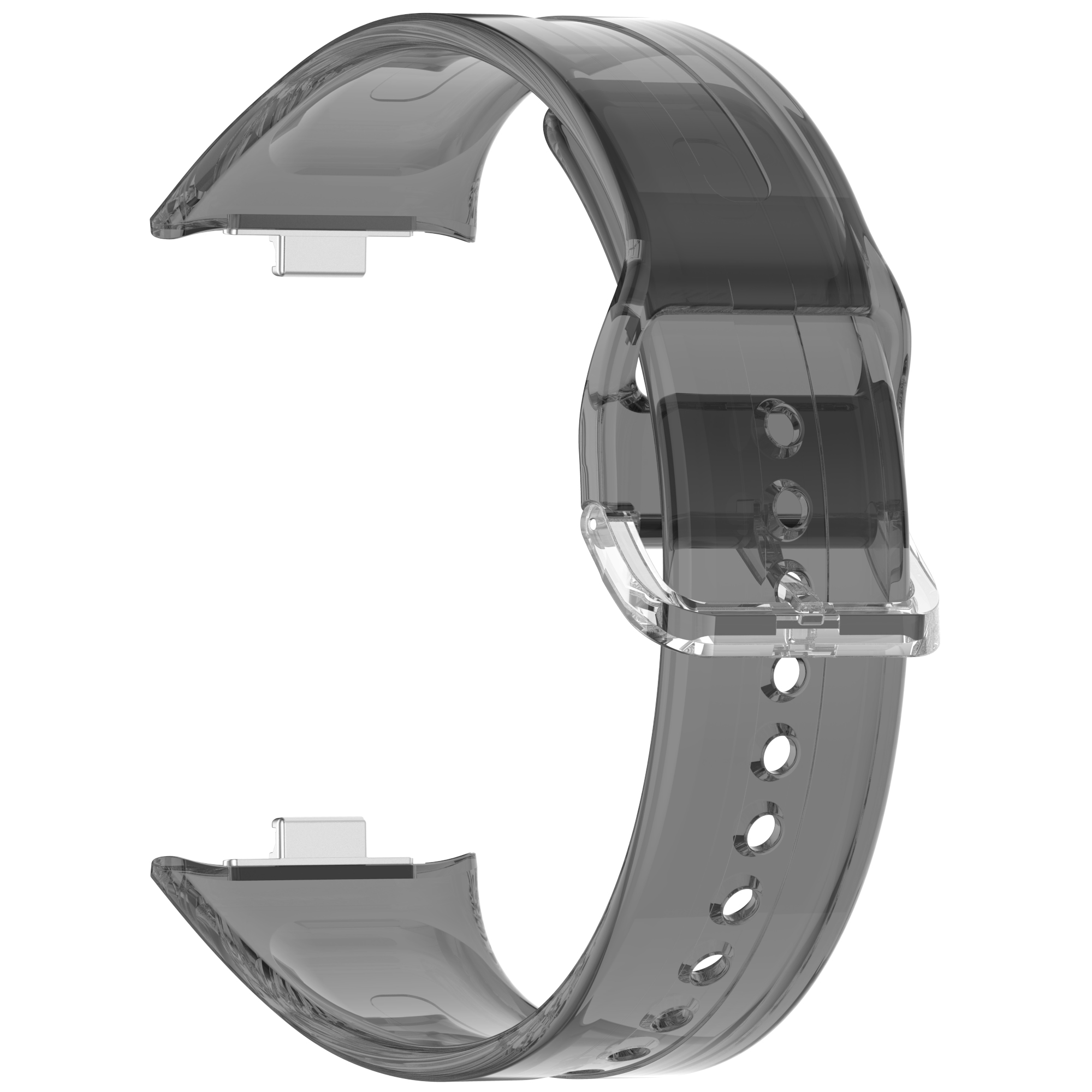 Transparenter Uhrenarmband mit Schnalle, das transparente Material zeigend.