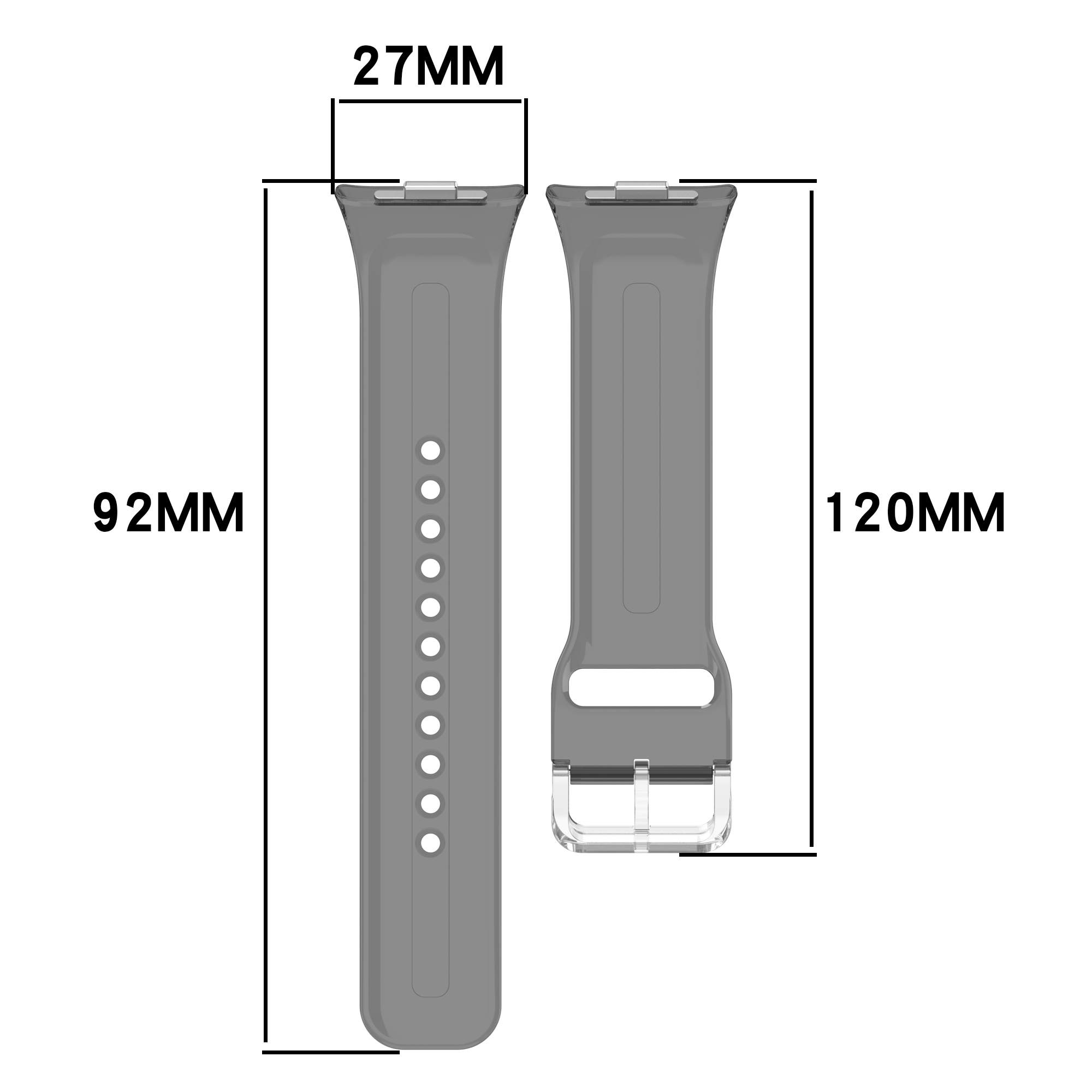 Zwei graue Uhrenarmbänder mit Maßen: 92 mm und 120 mm Länge, 27 mm Breite. Weißer Hintergrund.