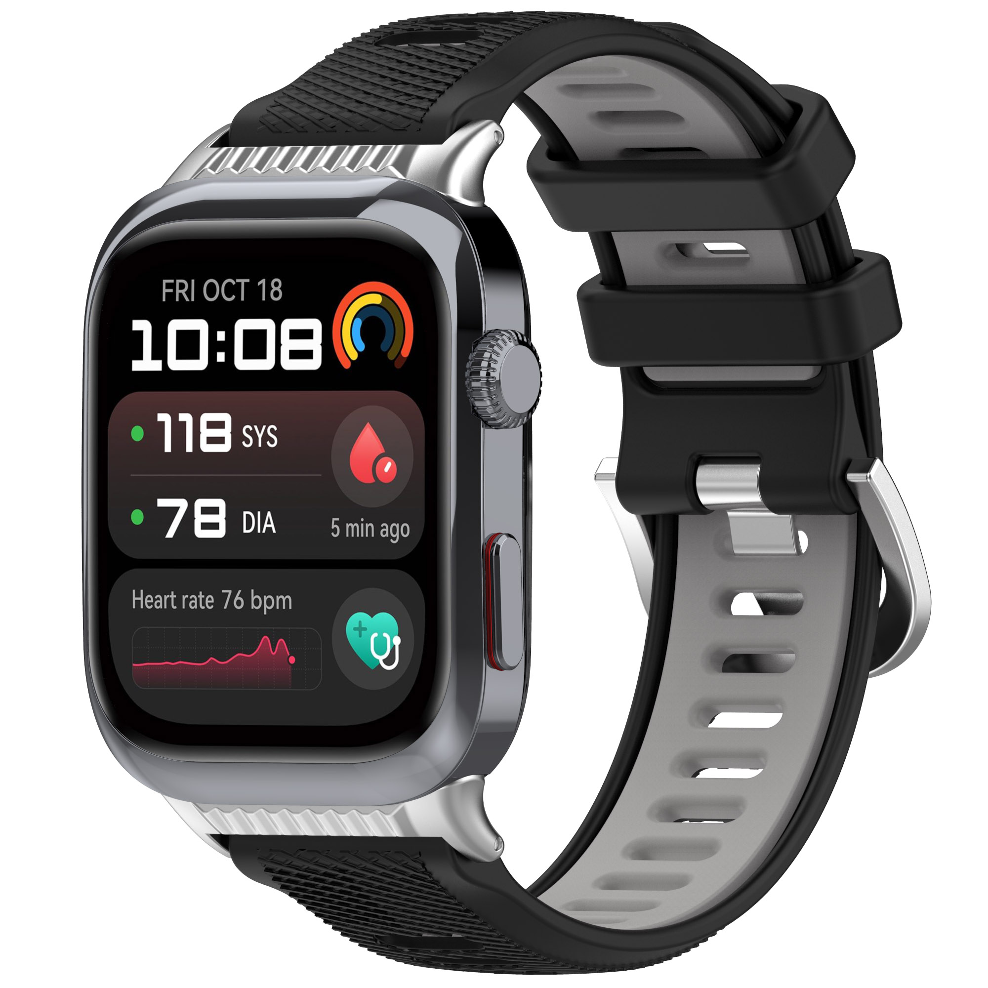 Smartwatch zeigt Zeit, Herzfrequenz, Blutdruck auf einem schwarz-grauen Armband.