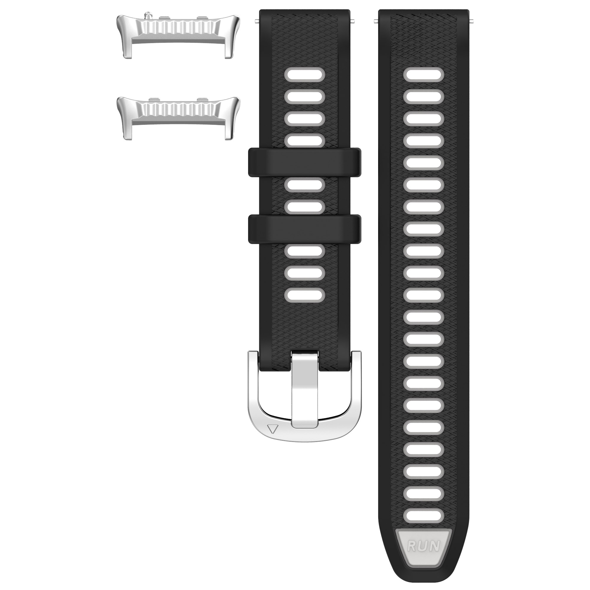 Schwarze und silberne Uhrenarmbandkomponenten. Schwarzes Armband, silberne Schnalle.