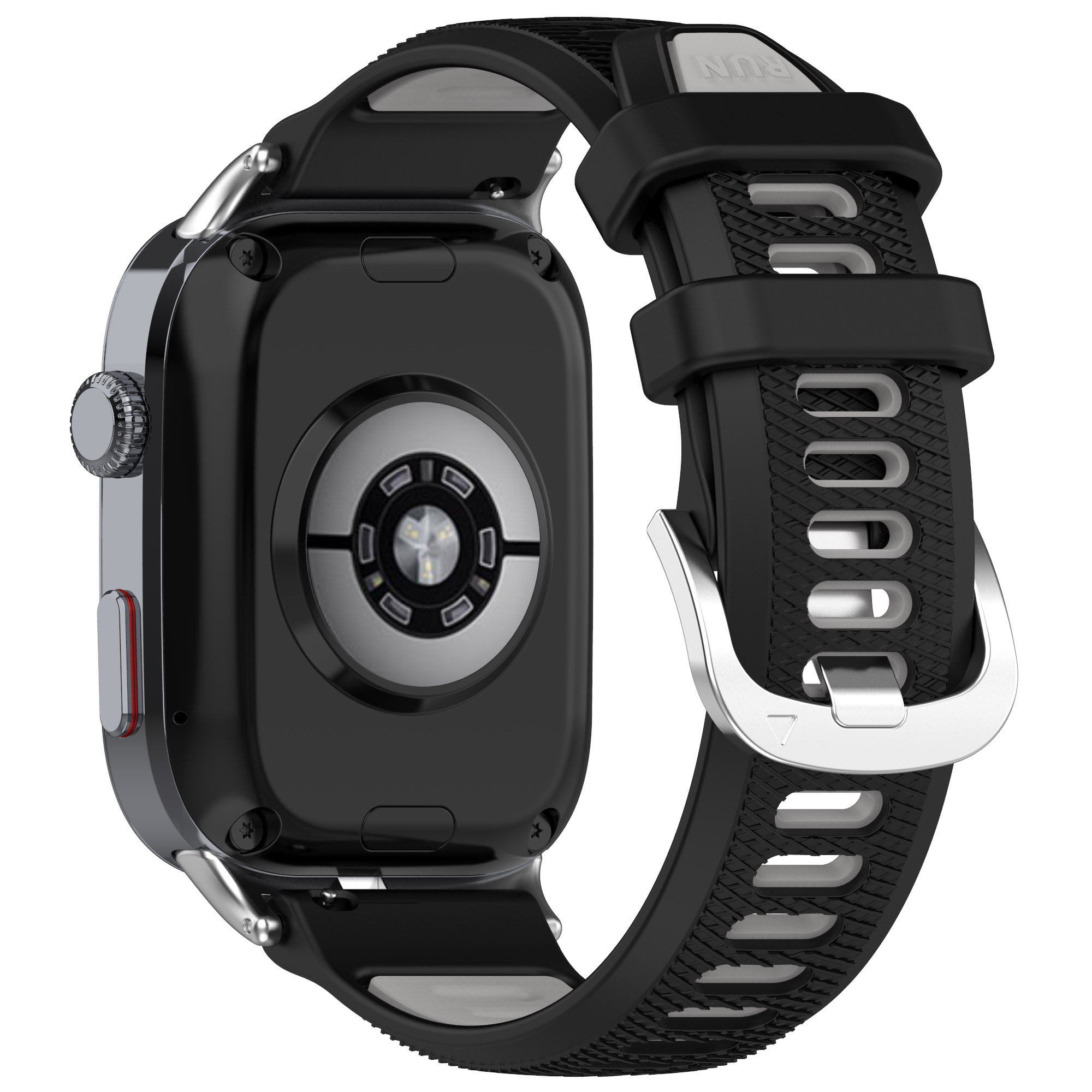Schwarze Smartwatch mit schwarzem Armband, silbernen Akzenten. Rückseite mit Sensoren. Armband mit Verschluss.