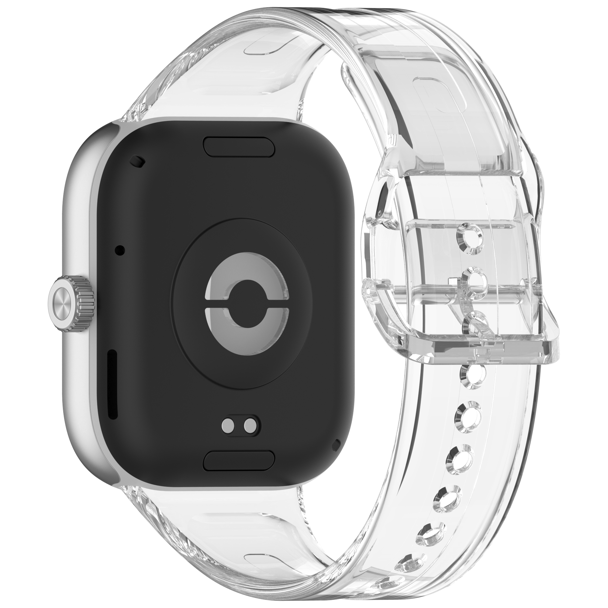 Silberne Smartwatch mit transparentem Armband, zeigt Rückseite und Knopf, auf weißer Oberfläche.