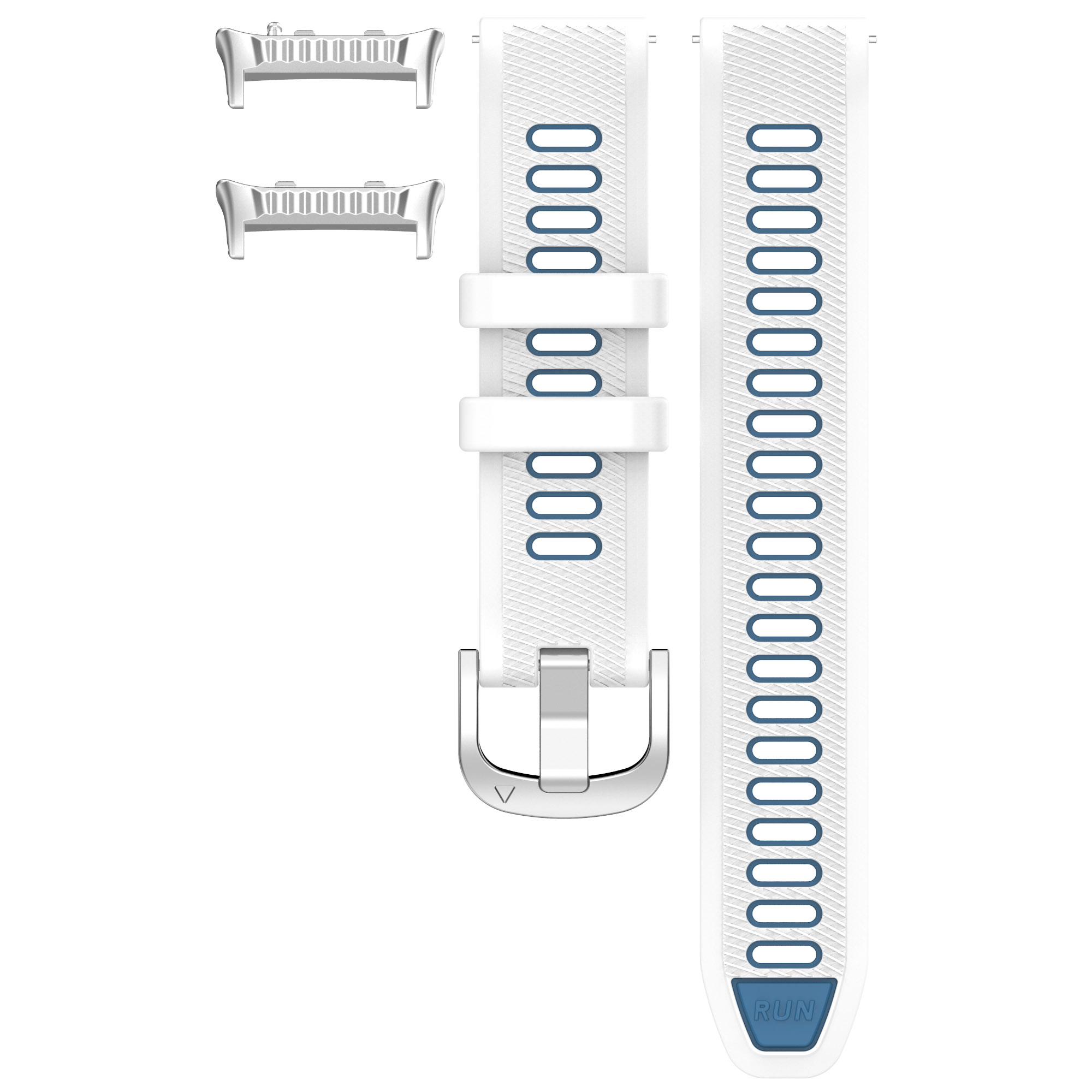 Weißes Uhrenarmband mit blauen Linien und silberner Schnalle sowie zwei silbernen Anbauteilen.