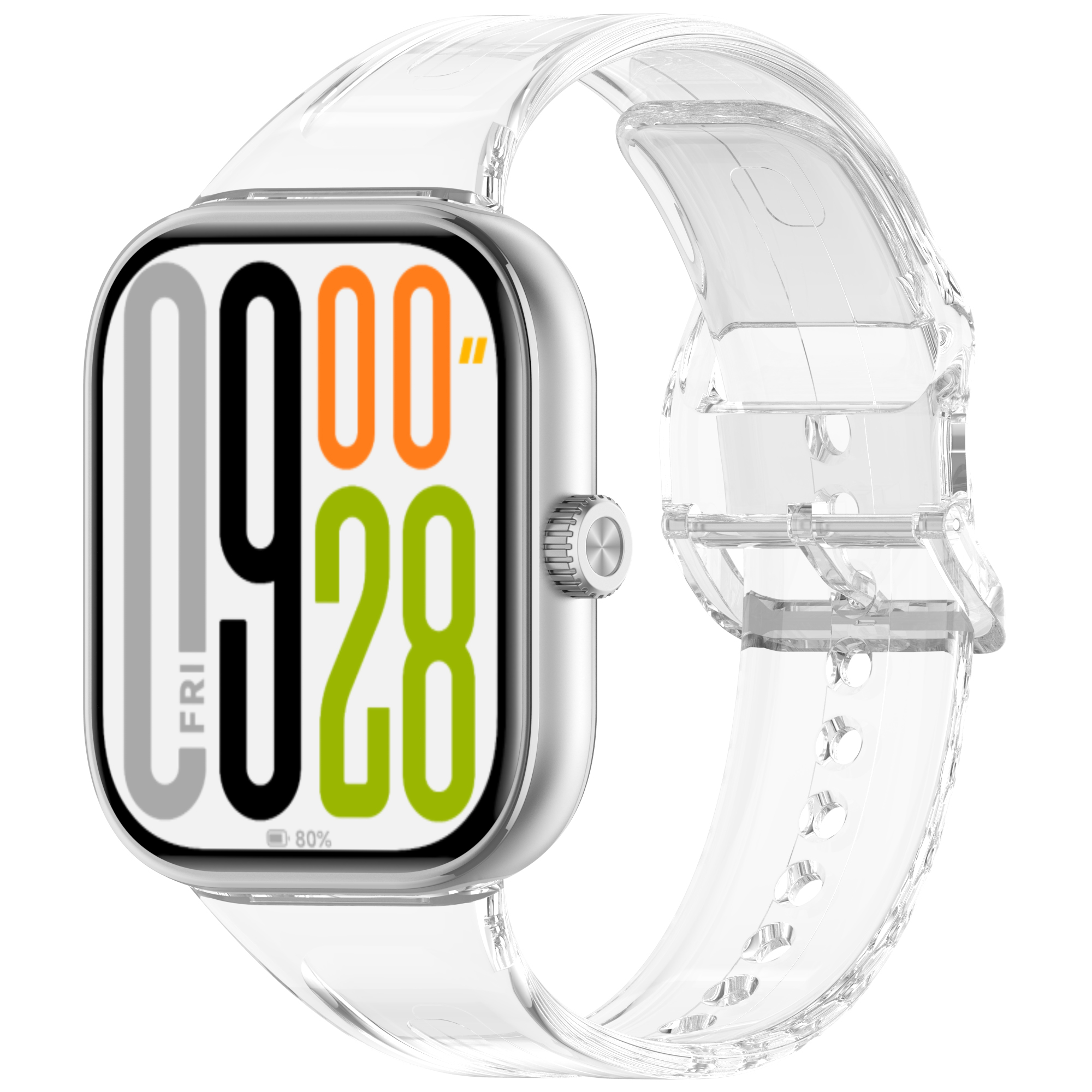 Smartwatch mit klarem Armband. Zeigt digitale Zeit und Akkustand auf dem Bildschirm.