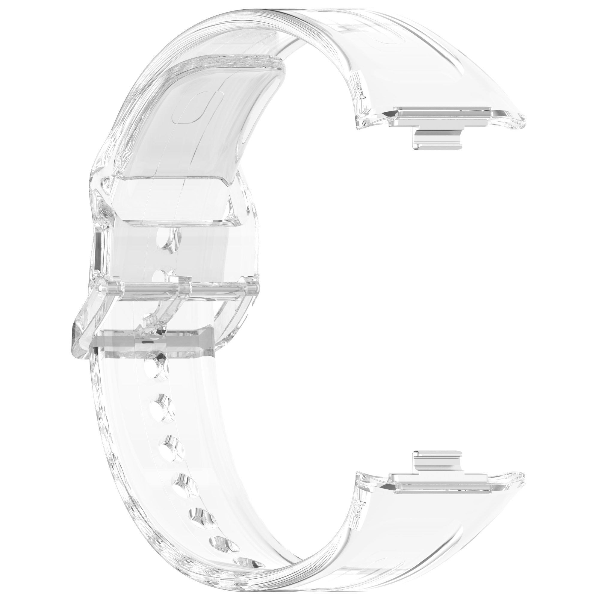 Transparenter Uhrenarmband aus Kunststoff, in C-Form gebogen, mit Befestigungspunkten an beiden Enden.