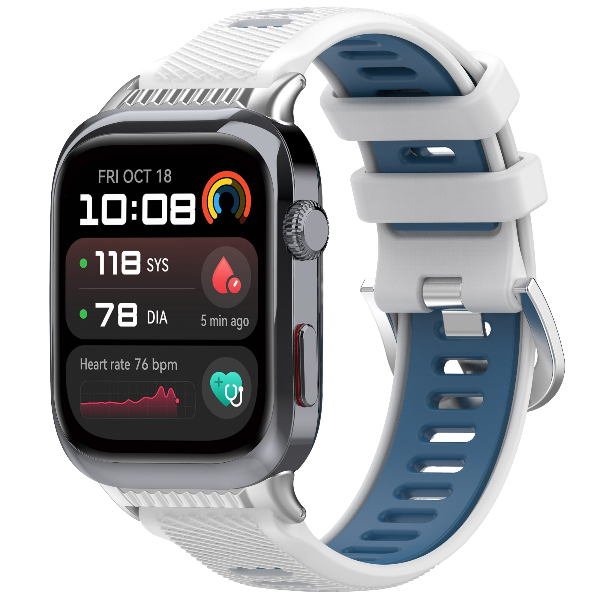Smartwatch mit weißem Armband, das Gesundheitsmetriken, einschließlich Herzfrequenz, anzeigt.