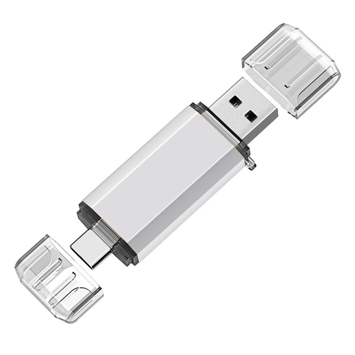 Silberner USB-Stick, beide Kappen entfernt. Weißer Hintergrund.