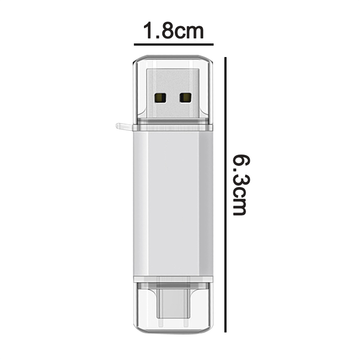 Weißer USB-Stick mit Abmessungen auf weißem Hintergrund.