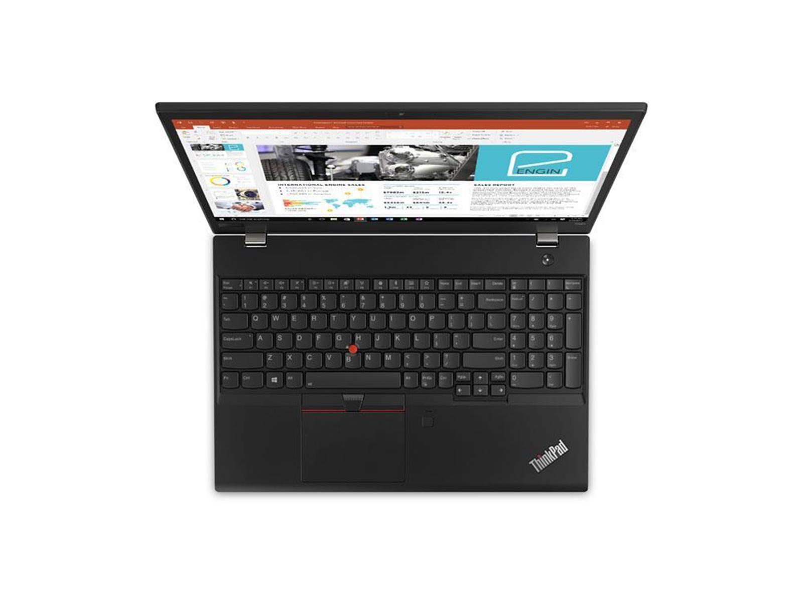 Draufsicht auf einen geöffneten schwarzen ThinkPad Laptop auf weißem Hintergrund, mit farbigem Bildschirm.