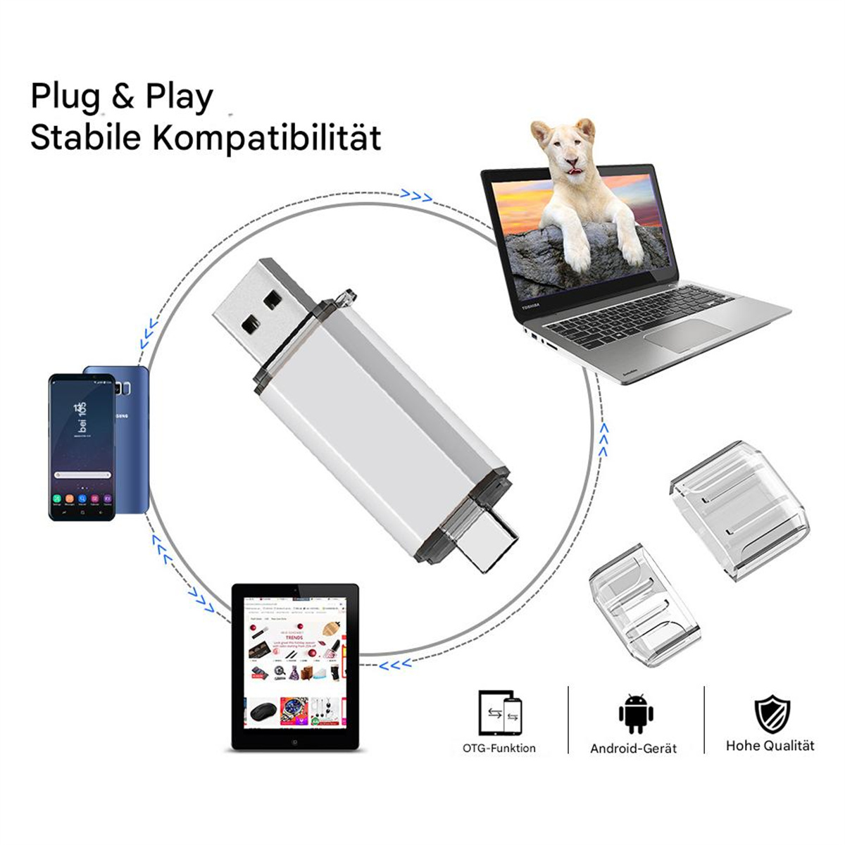 Ein USB-Stick, ein Tablet, ein Smartphone und ein Laptop mit einem Löwenjungen auf dem Bildschirm. Pfeile und Symbole sind ebenfalls vorhanden.