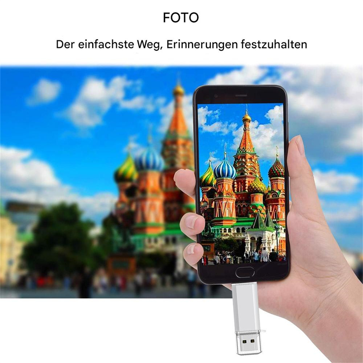 Hand hält Telefon mit Foto der Basilius-Kathedrale und USB-Stick.