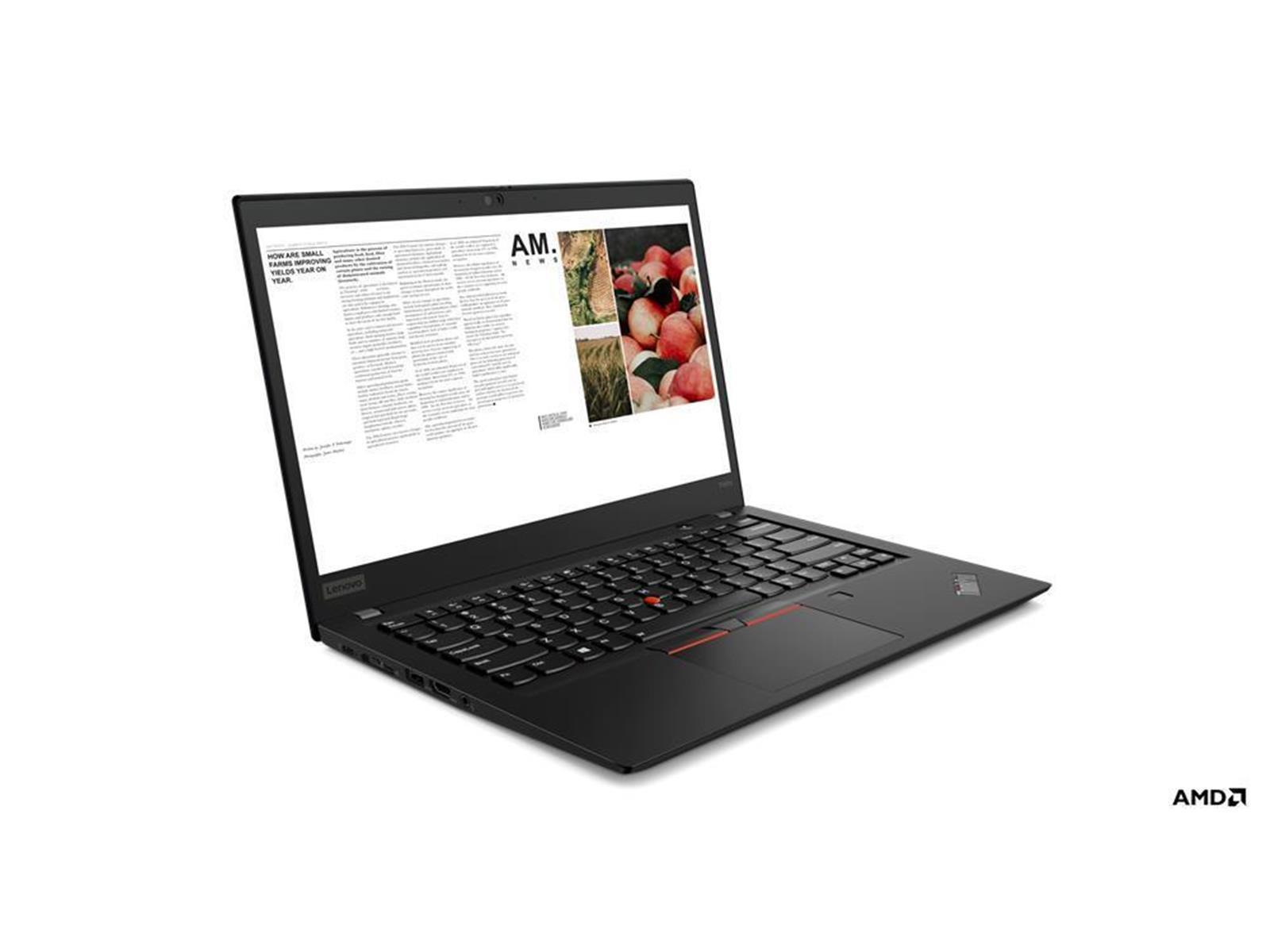 Schwarzer Lenovo-Laptop geöffnet, zeigt einen Nachrichtenartikel mit Bildern von roten Äpfeln.