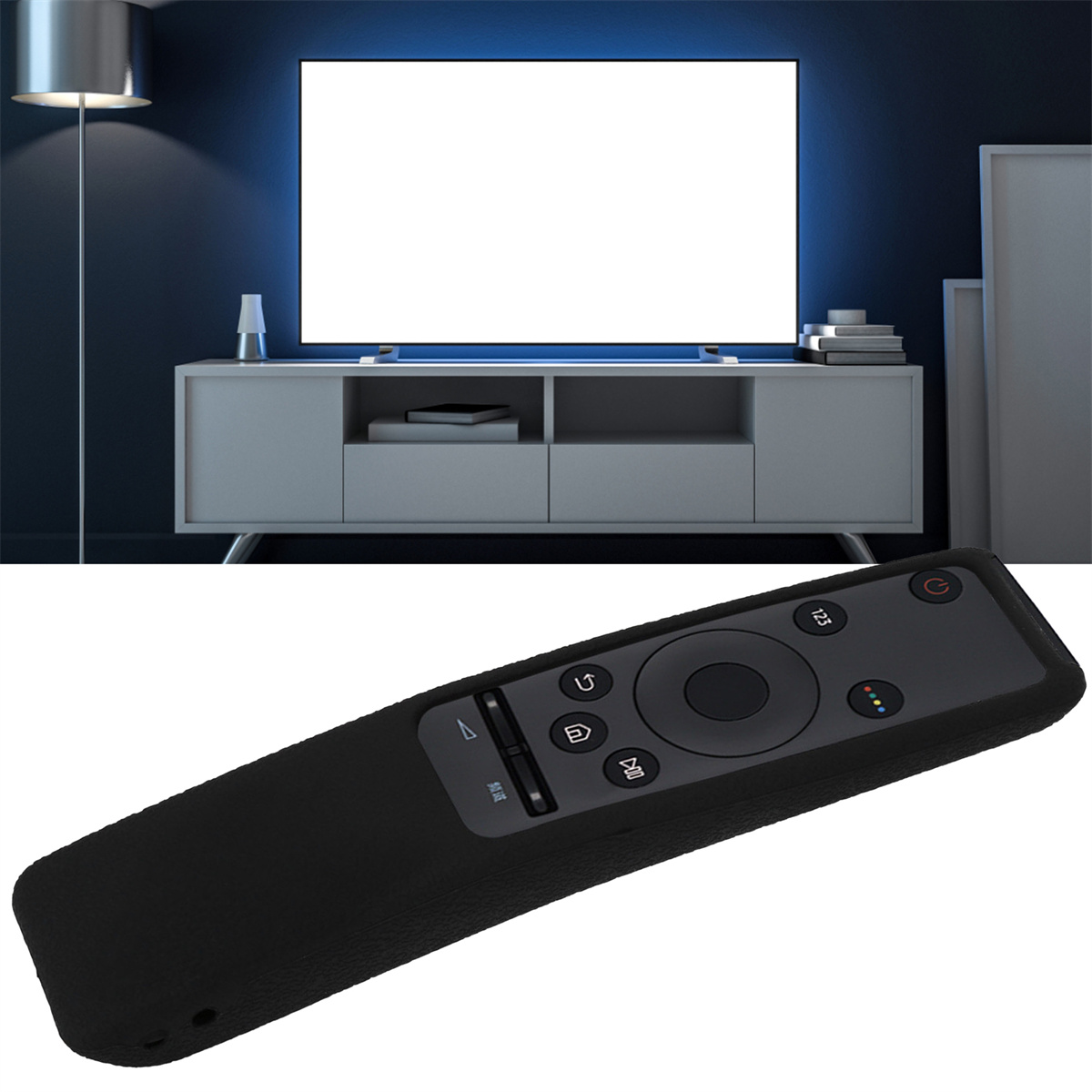 Innenraum mit Fernseher, Fernbedienung und weißem Schrank.