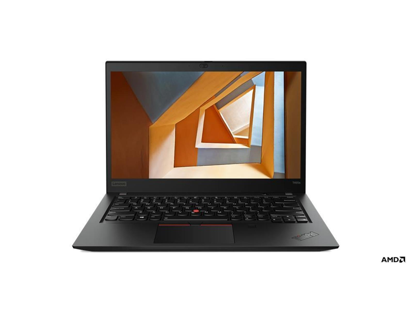 Schwarzer Laptop mit rotem Trackpoint auf weißem Hintergrund. AMD-Logo ist sichtbar.
