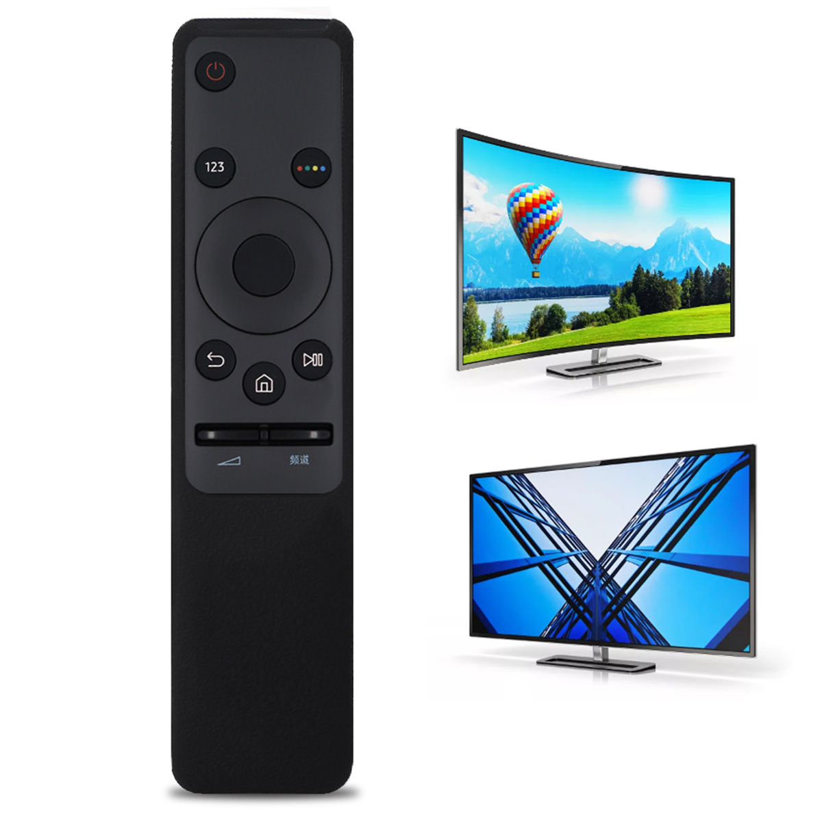 Schwarze TV-Fernbedienung mit Knöpfen. Zwei Fernseher zeigen verschiedene Bilder.