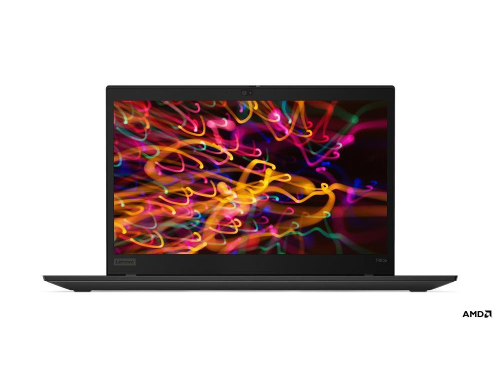 Ein schwarzer Laptop auf weißer Oberfläche, das Display zeigt bunte Lichtspuren vor schwarzem Hintergrund.
