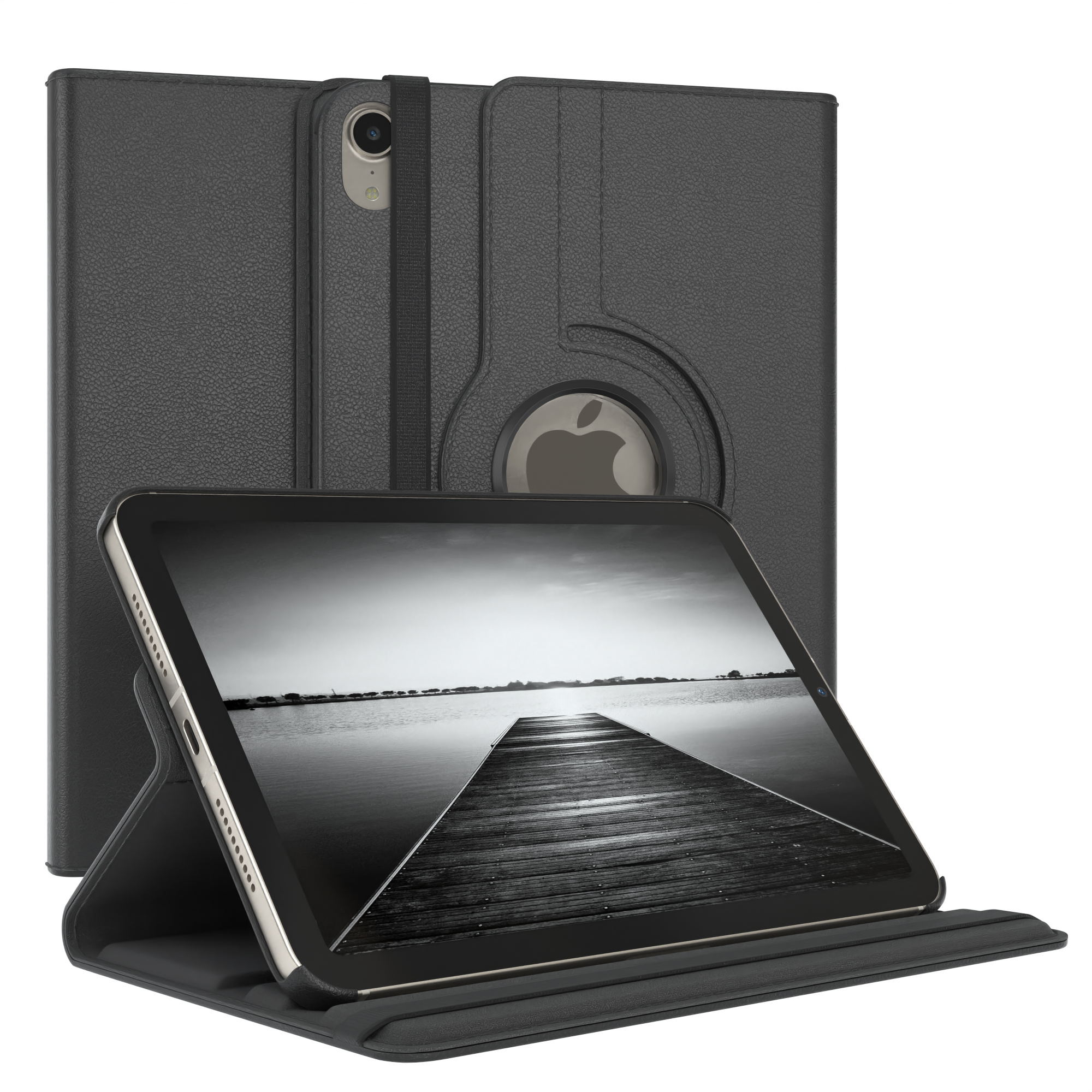 Schwarze iPad-Hülle im Folio-Design. Sie hat einen Magnetverschluss und ein Schwarzweißbild auf dem Bildschirm.