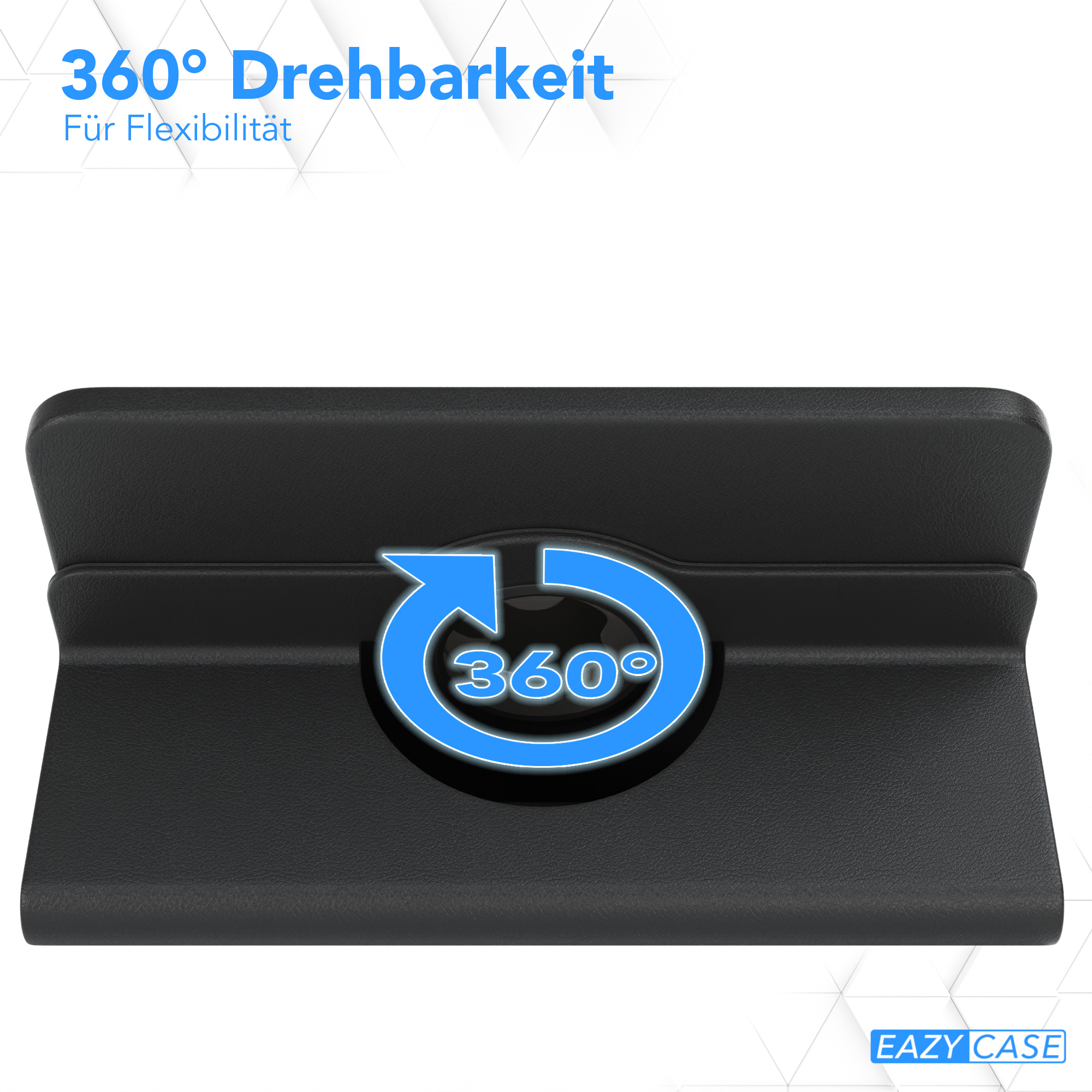 Schwarzer Ständer mit einem 360-Grad-Drehsymbol in Blau. Der Text lautet '360° Drehbarkeit' und 'Für Flexibilität'.