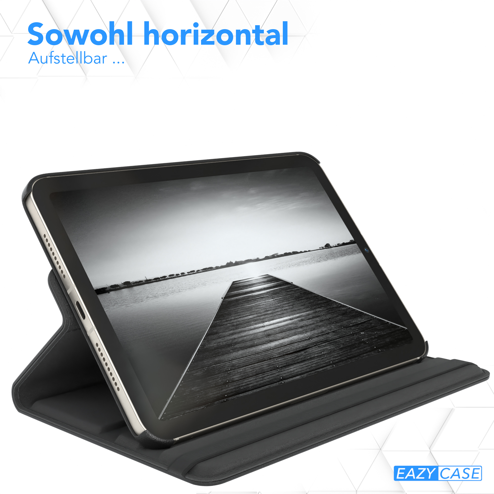 Schwarzes Tablet in einer schwarzen Hülle, mit Blick auf einen Holzsteg über Wasser auf dem Bildschirm.
