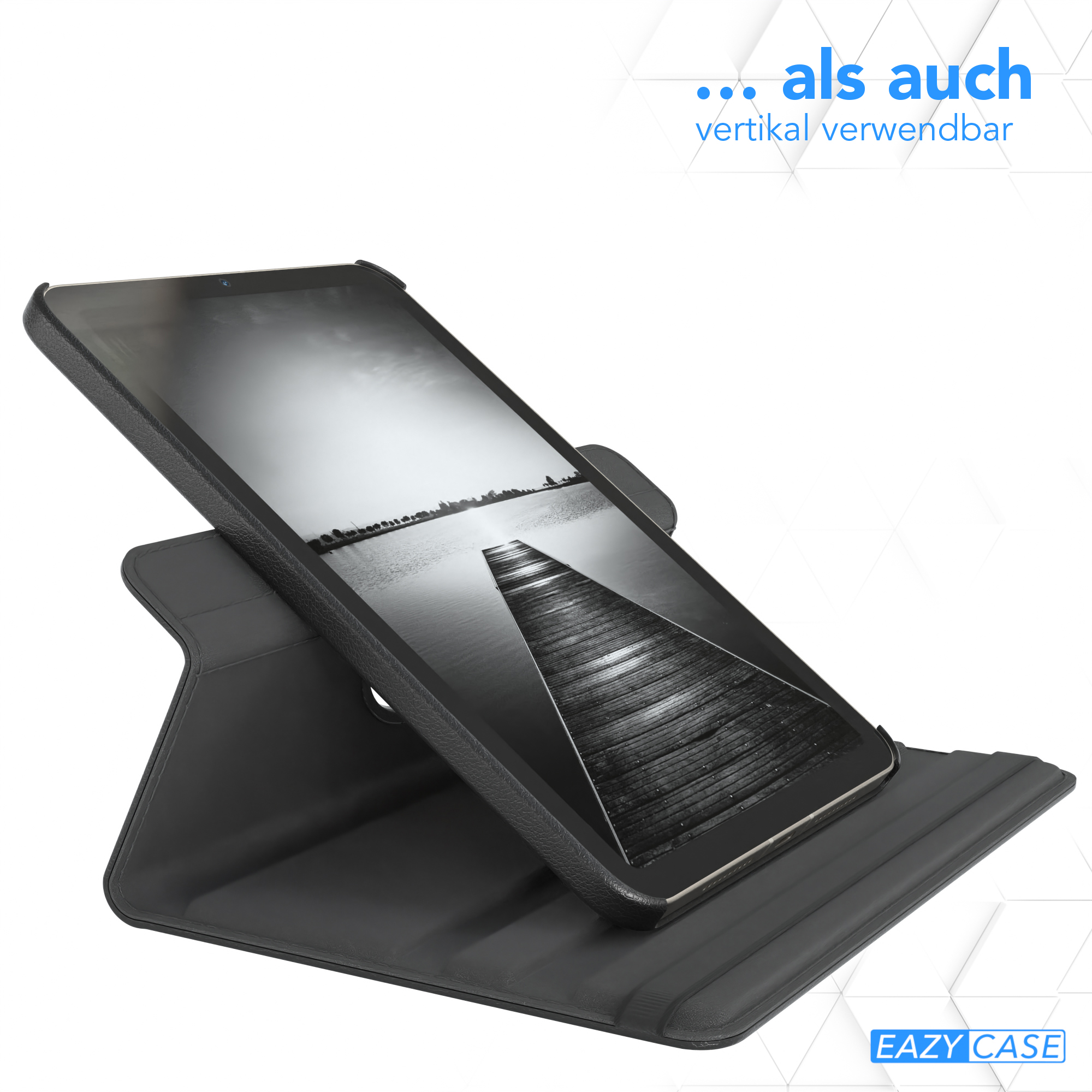 Tablet in schwarzem Gehäuse, angewinkelt, auf einem Ständer stehend. Der Bildschirm zeigt Steg-Graustufenbild.