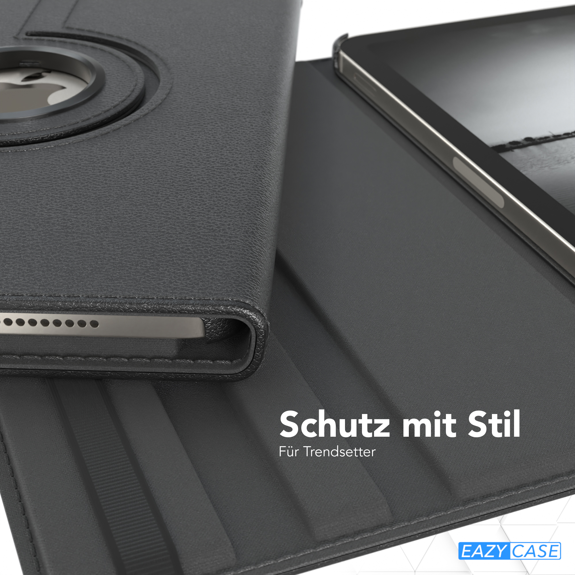 Schwarze Tablethülle mit Drehmechanismus. Das Tablet ist im Inneren der Hülle sichtbar.