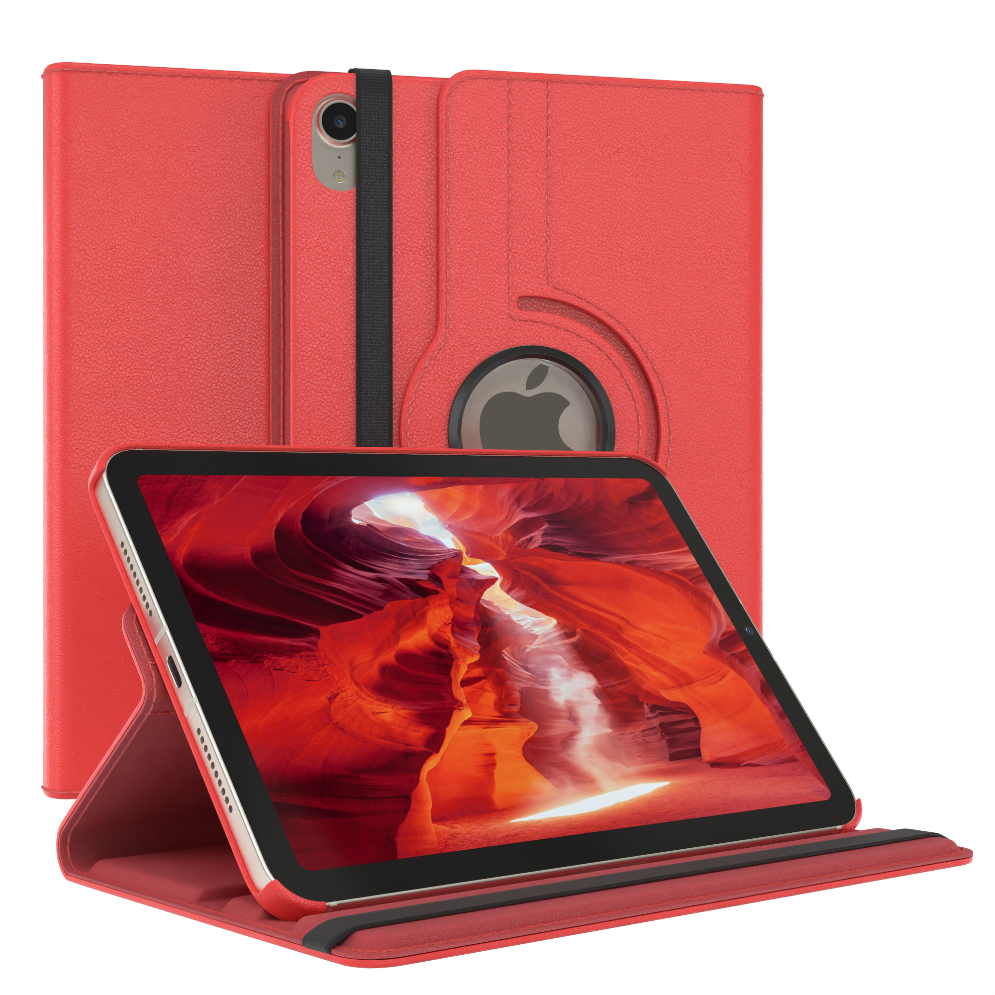 Rote Tablet-Hülle mit Tablet, das ein Canyon-Bild zeigt. Dahinter eine weitere geschlossene Hülle.