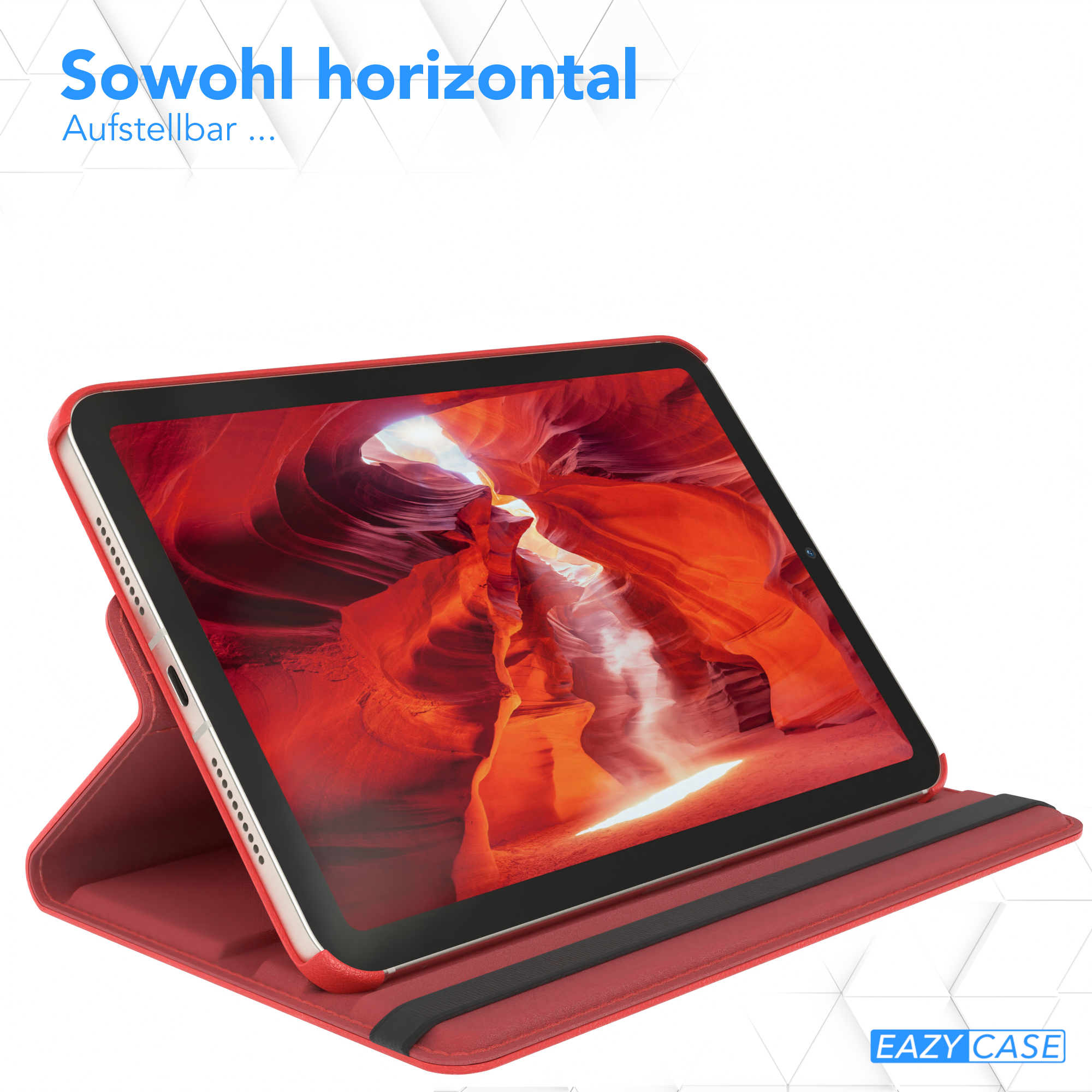Rote Tablet-Hülle, geöffnet, zeigt Tablet-Bildschirm. Rot und schwarz, auf weißem Hintergrund.