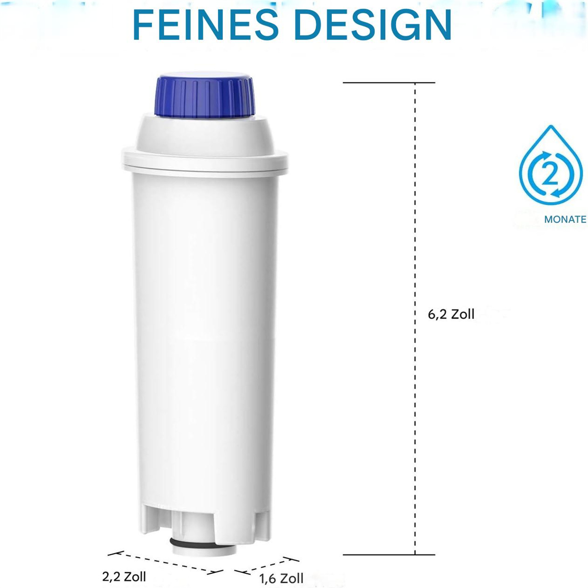 Weißer Wasserfilter mit blauem Deckel, Maße auf weißem Hintergrund. Der Text 'Feines Design' steht oben.