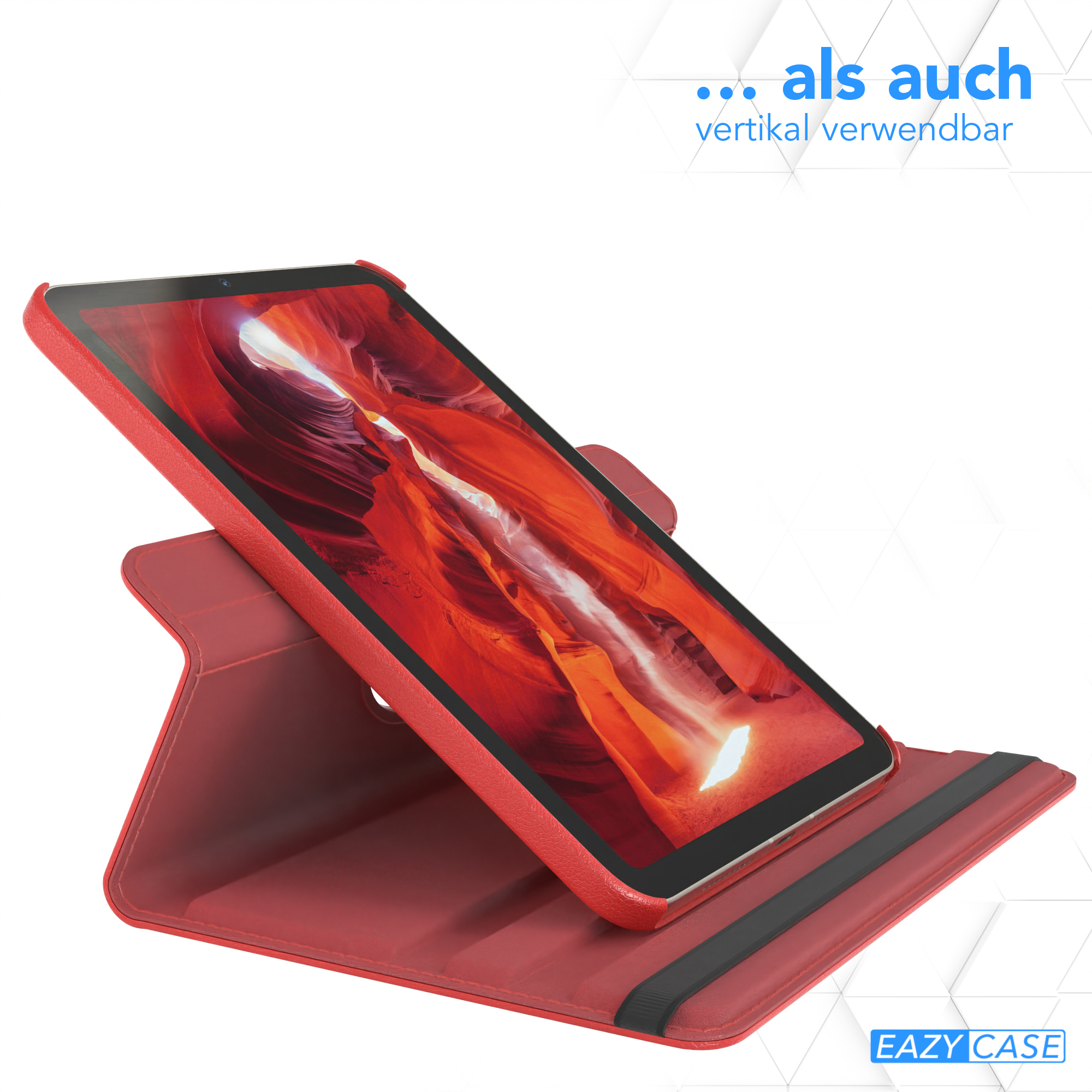 Ein rotes Tablet in einer roten Hülle, aufrecht stehend. Es wird auf weißem Hintergrund gezeigt.